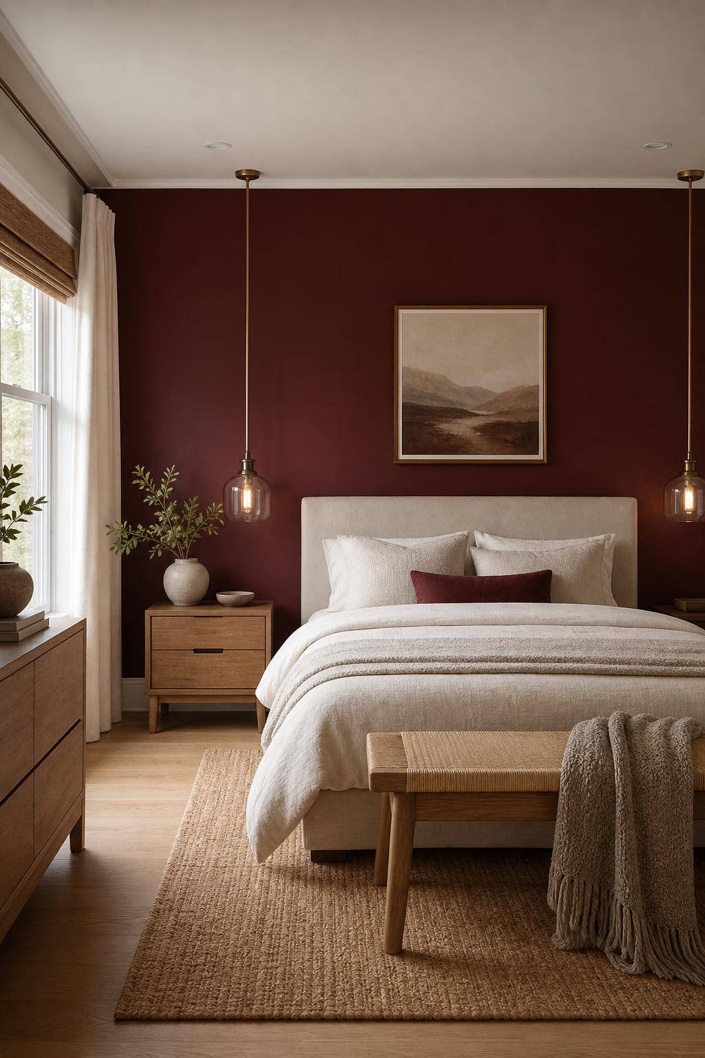 Schlafzimmer in Rot- Streiche eine Akzentwand in Bordeauxrot