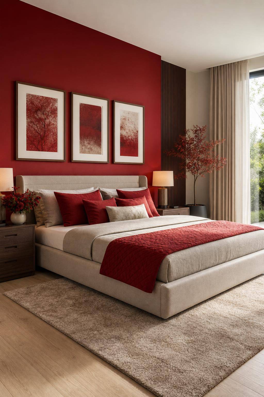Schlafzimmer in Rot- Style mit roten Fotorahmen persönliche Akzente