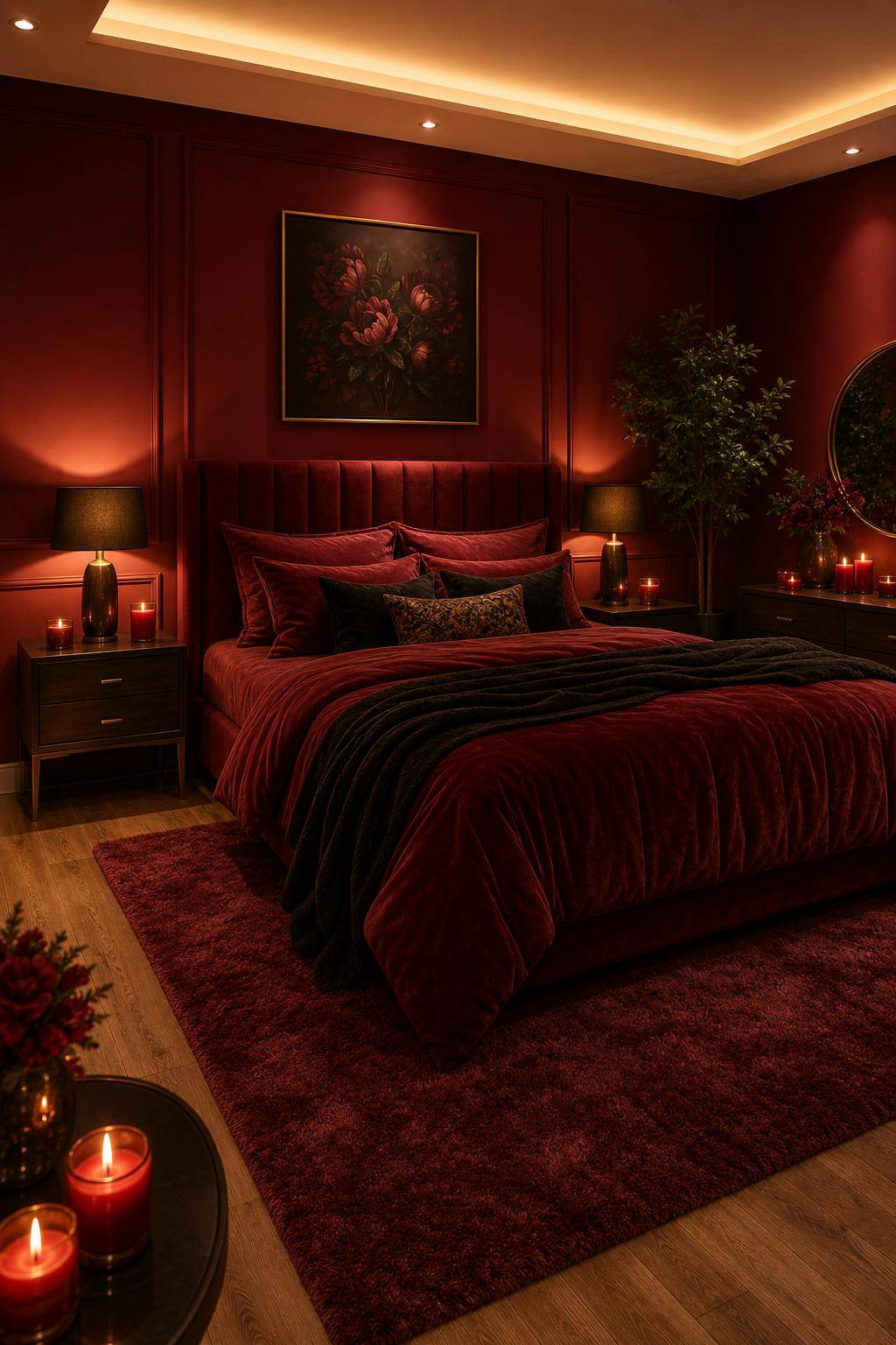 Schlafzimmer in Rot- Verteile duftende rote Kerzen für Wohlfühlatmosphäre