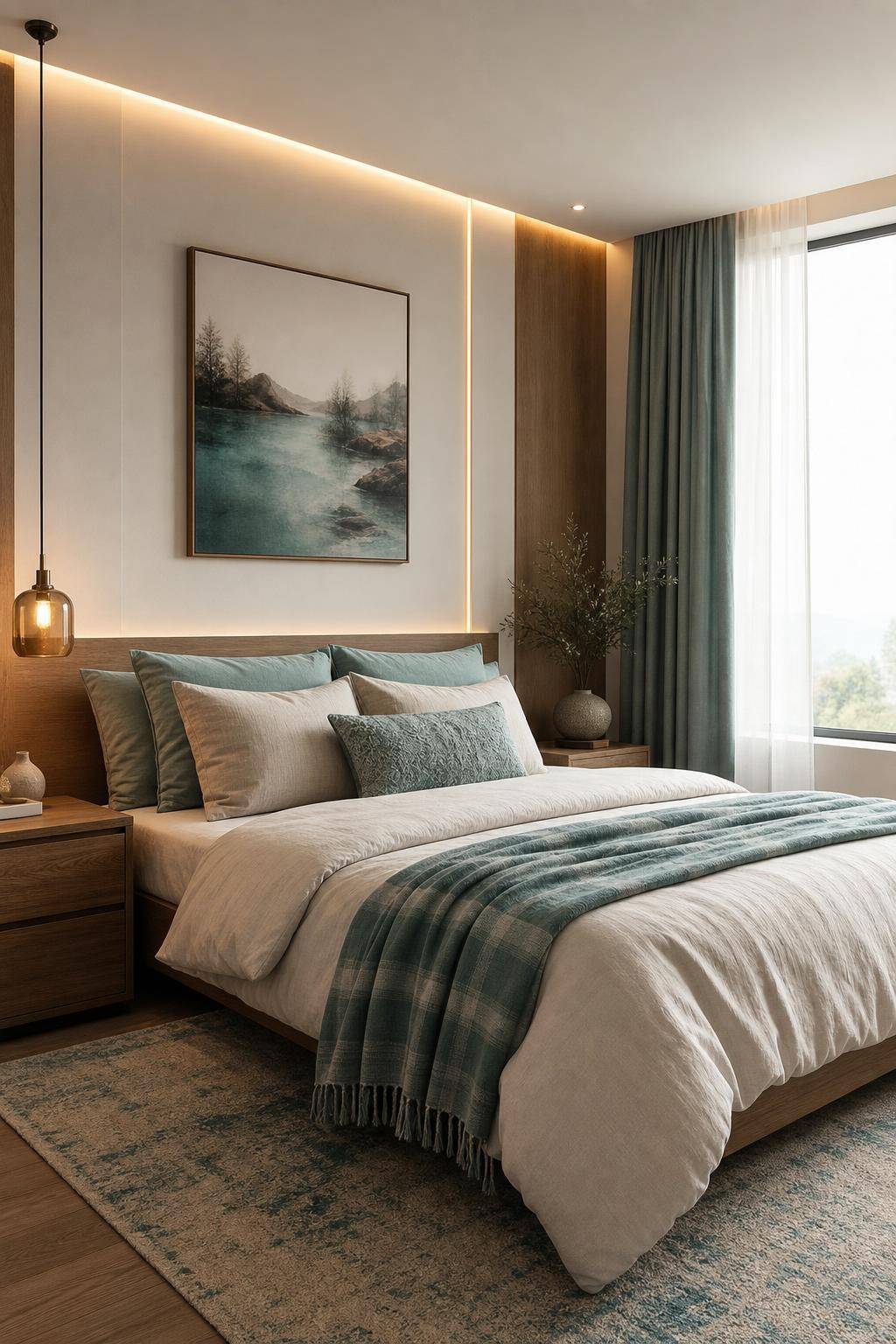 Schlafzimmer in Türkis- Integriere ein türkisfarbenes Plaid für Gemütlichkeit