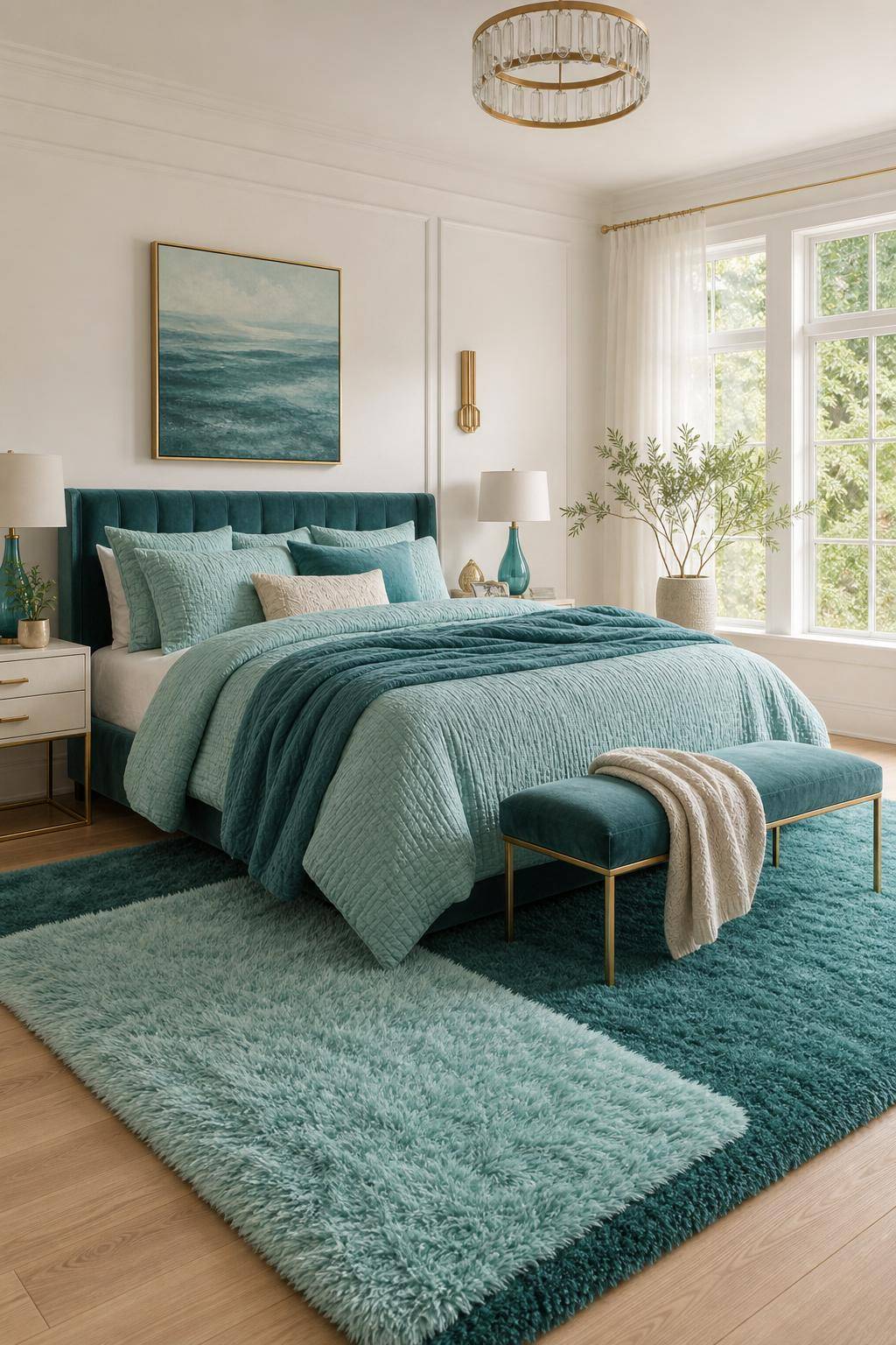 Schlafzimmer in Türkis- Integriere kuschelige Teppiche in Türkistönen