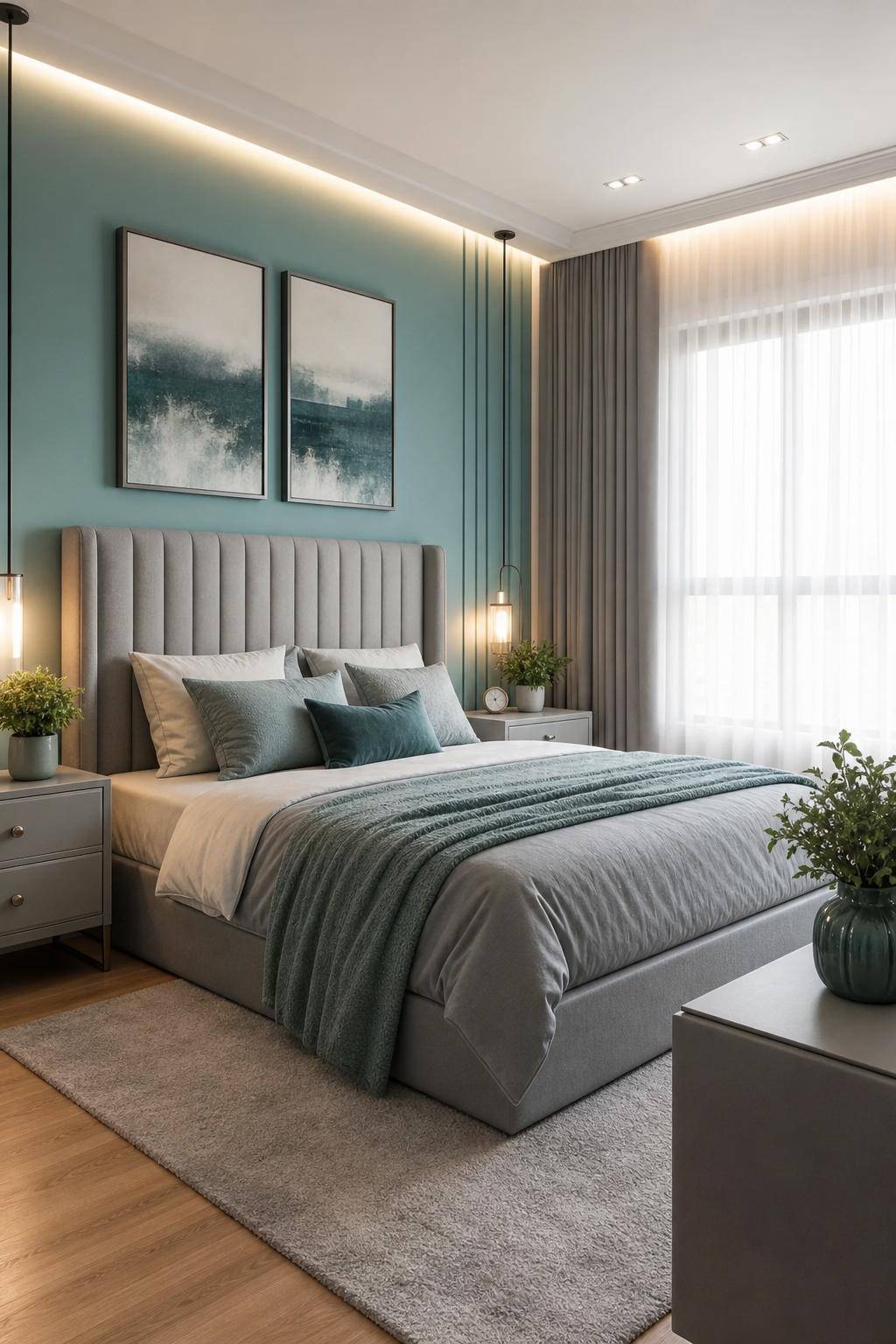 Schlafzimmer in Türkis- Kombiniere Türkis mit Grau für zeitlose Ruhe