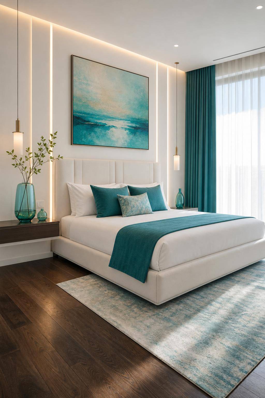 Schlafzimmer in Türkis- Präsentiere Kunstobjekte in Aquafarben
