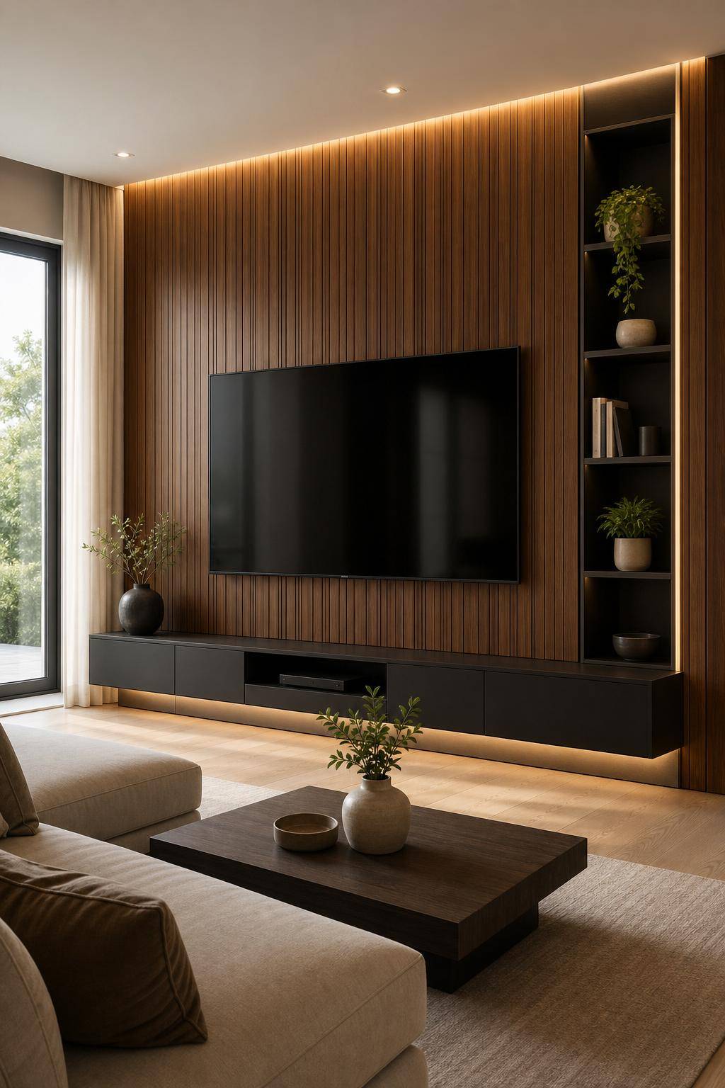 TV-Wand-Ideen für das Wohnzimmer-Setze auf eine TV-Wand mit Holzverkleidung