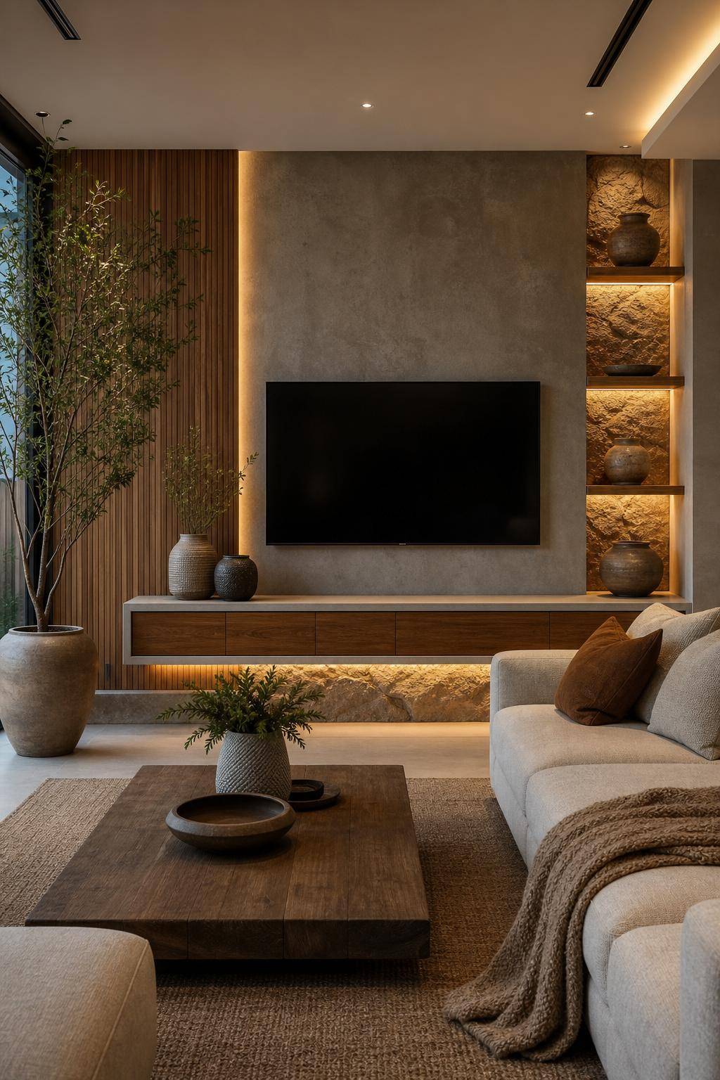 TV-Wand-Ideen für das Wohnzimmer- Arbeite mit unterschiedlichen Materialien und Texturen