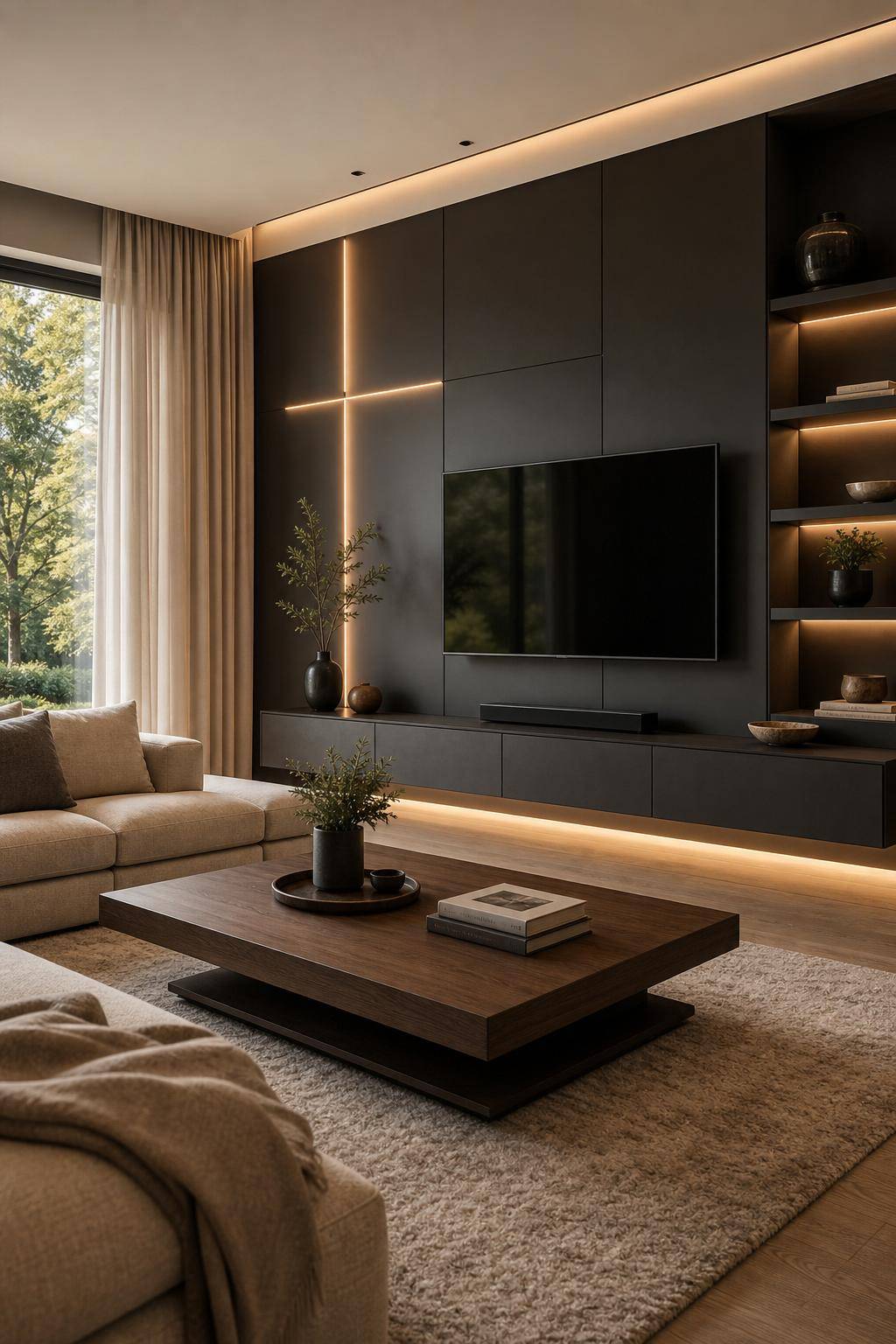 TV-Wand-Ideen für das Wohnzimmer- Arrangiere dezente Wandbeleuchtung für Kinofeeling