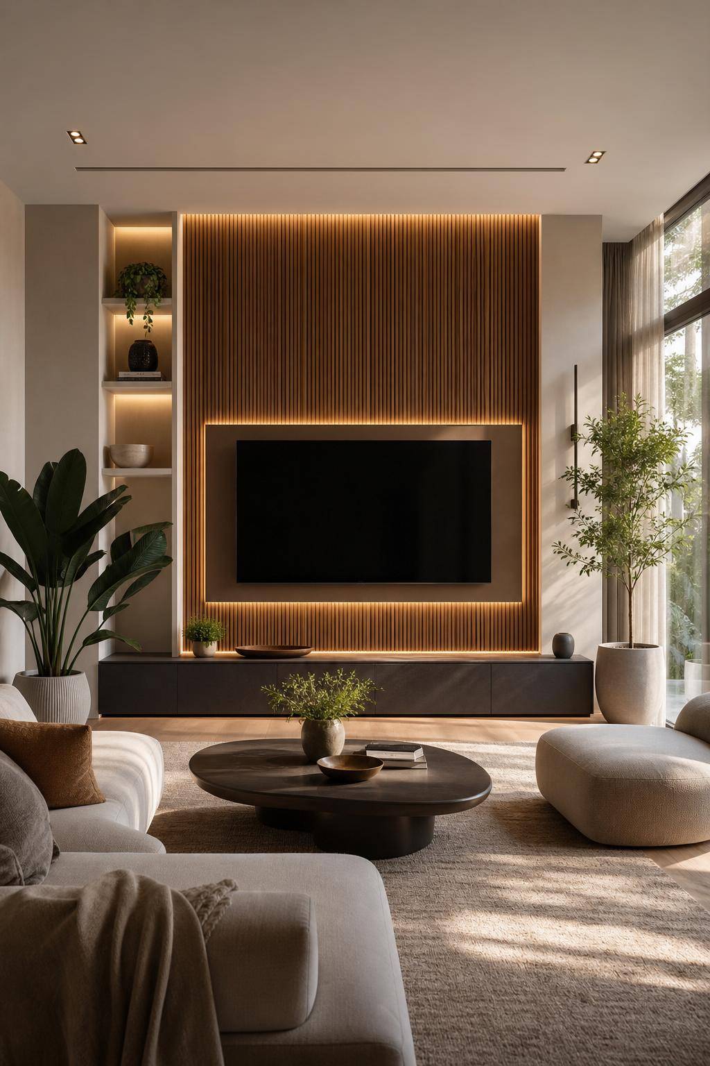 TV-Wand-Ideen für das Wohnzimmer- Bringe Akustikpaneele als Design-Highlight an
