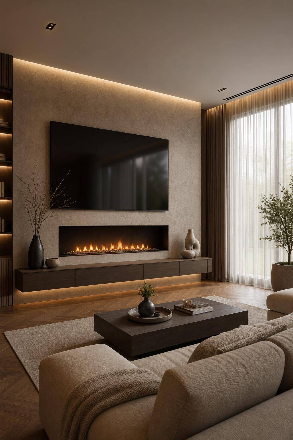 TV-Wand-Ideen für das Wohnzimmer- Füge einen Wandkamin unter dem Fernseher hinzu