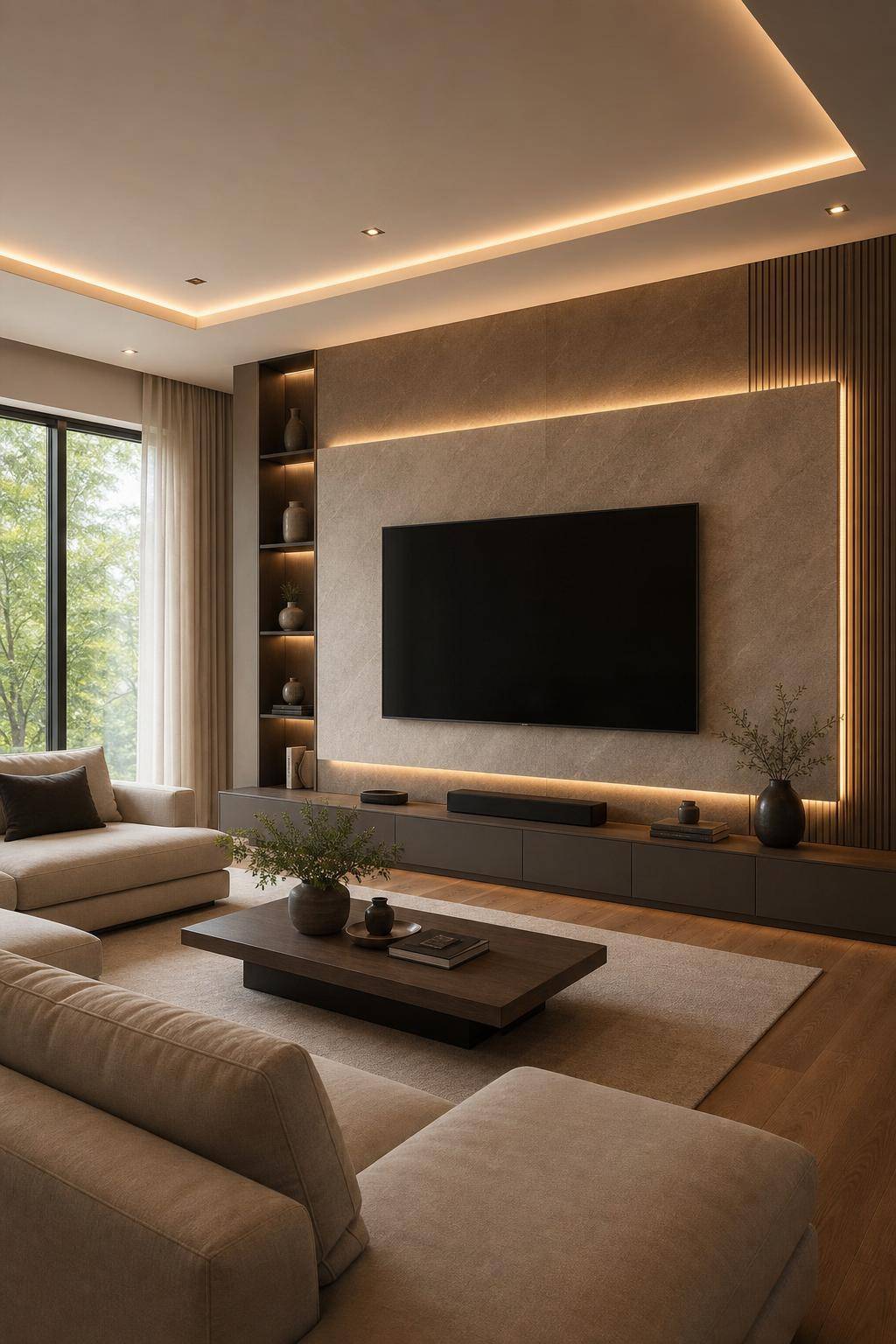 TV-Wand-Ideen für das Wohnzimmer- Integriere LED-Lichtstreifen für stimmungsvolle Atmosphäre