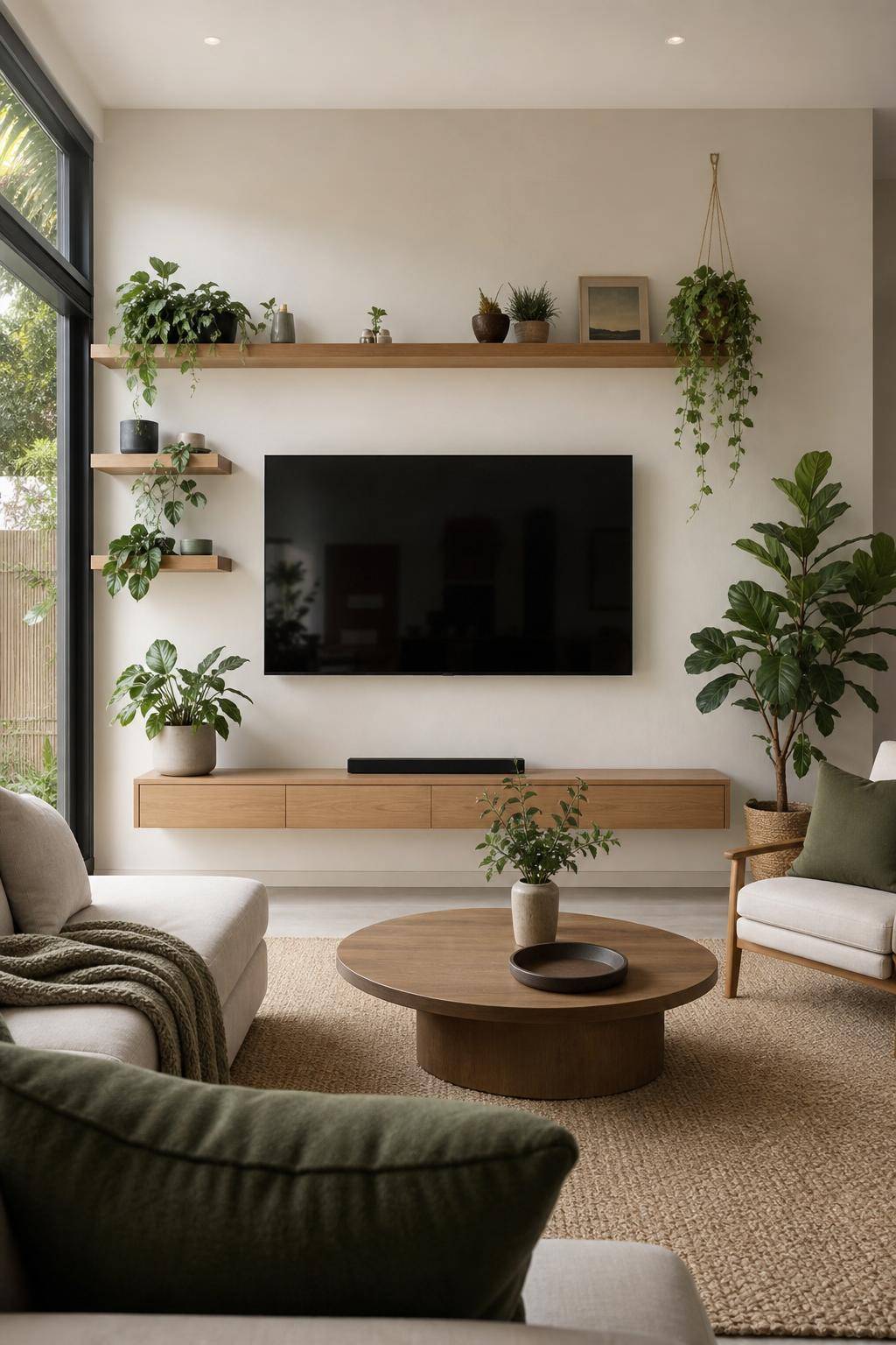 TV-Wand-Ideen für das Wohnzimmer- Kombiniere den Fernseher mit Pflanzenarrangements
