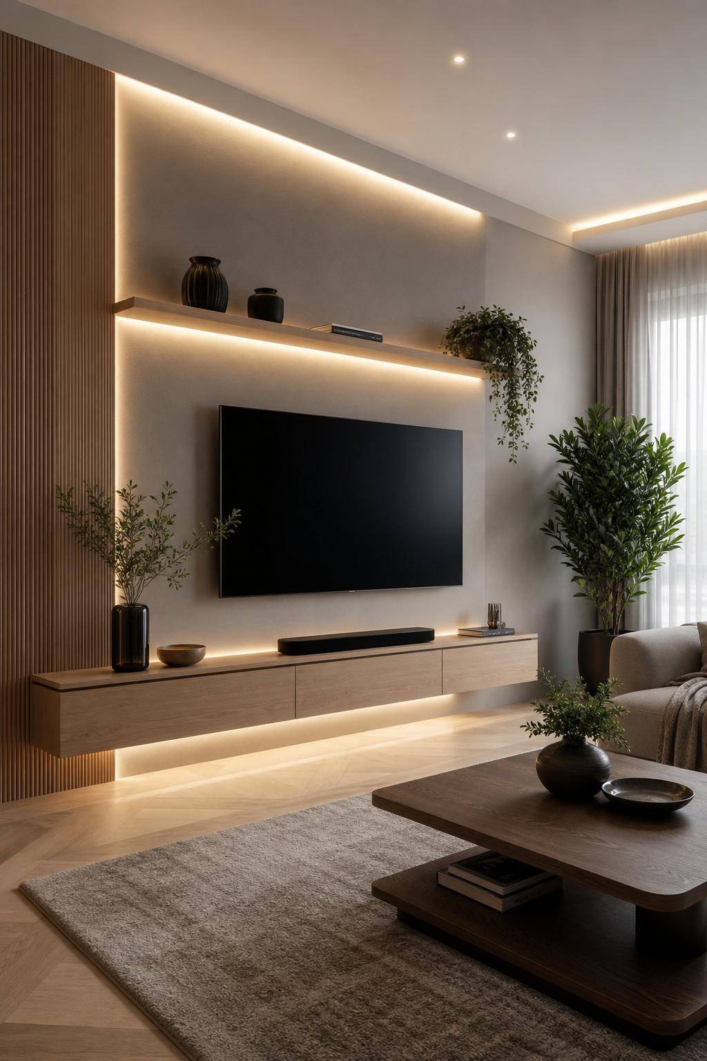 TV-Wand-Ideen für das Wohnzimmer- Nutze eine wandmontierte TV-Konsole für Eleganz