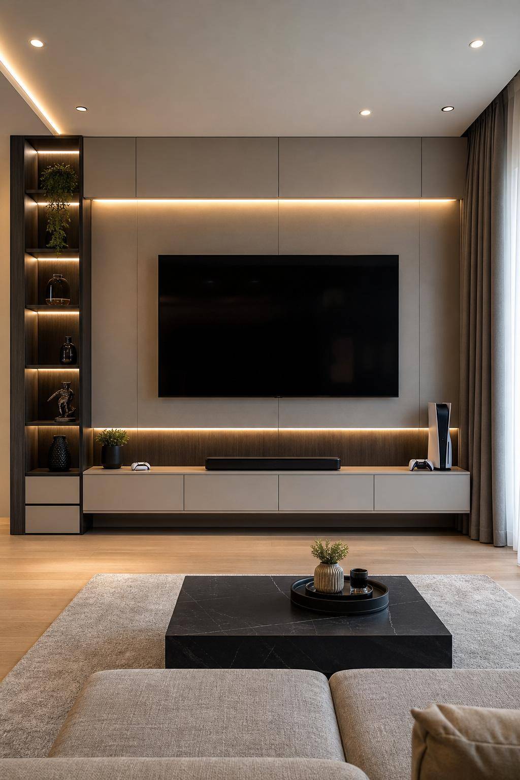 TV-Wand-Ideen für das Wohnzimmer- Organisiere Spielekonsolen und Zubehör unsichtbar