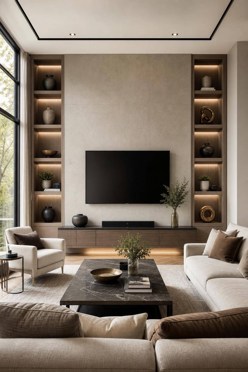 TV-Wand-Ideen für das Wohnzimmer- Präsentiere Sammlerstücke auf Wandboards neben dem TV