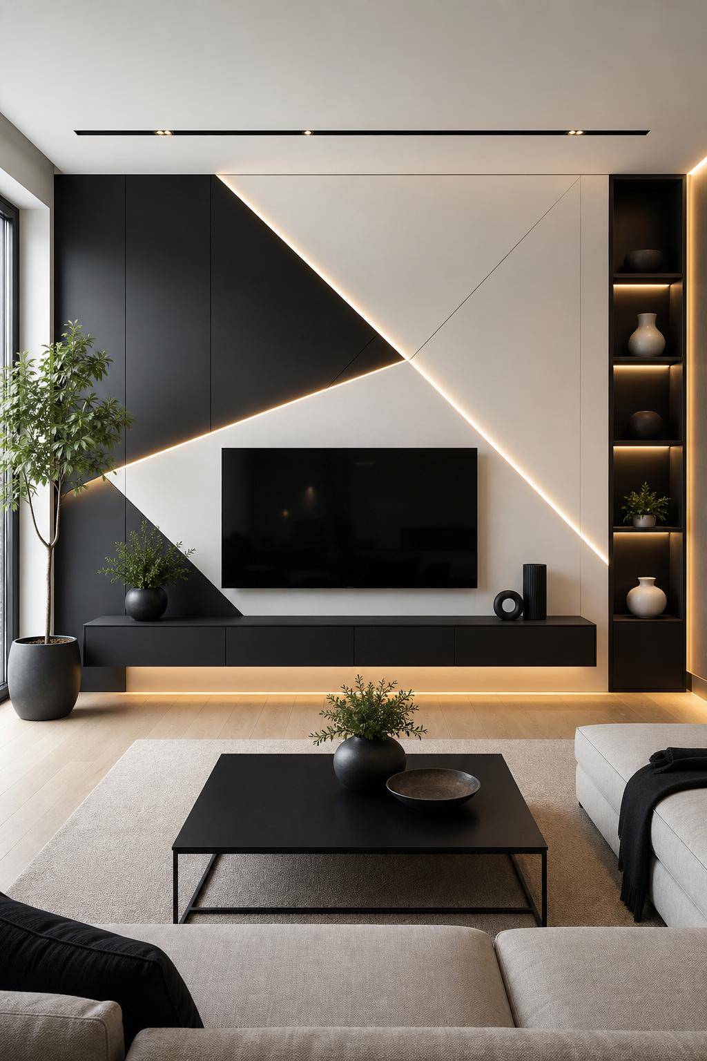 TV-Wand-Ideen für das Wohnzimmer- Spiele mit geometrischen Akzenten in der Wandgestaltung