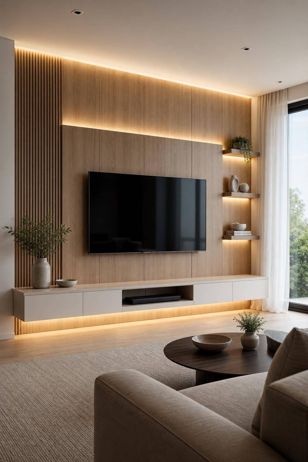 TV-Wand-Ideen für das Wohnzimmer- Verstecke Kabel clever hinter Wandpaneelen