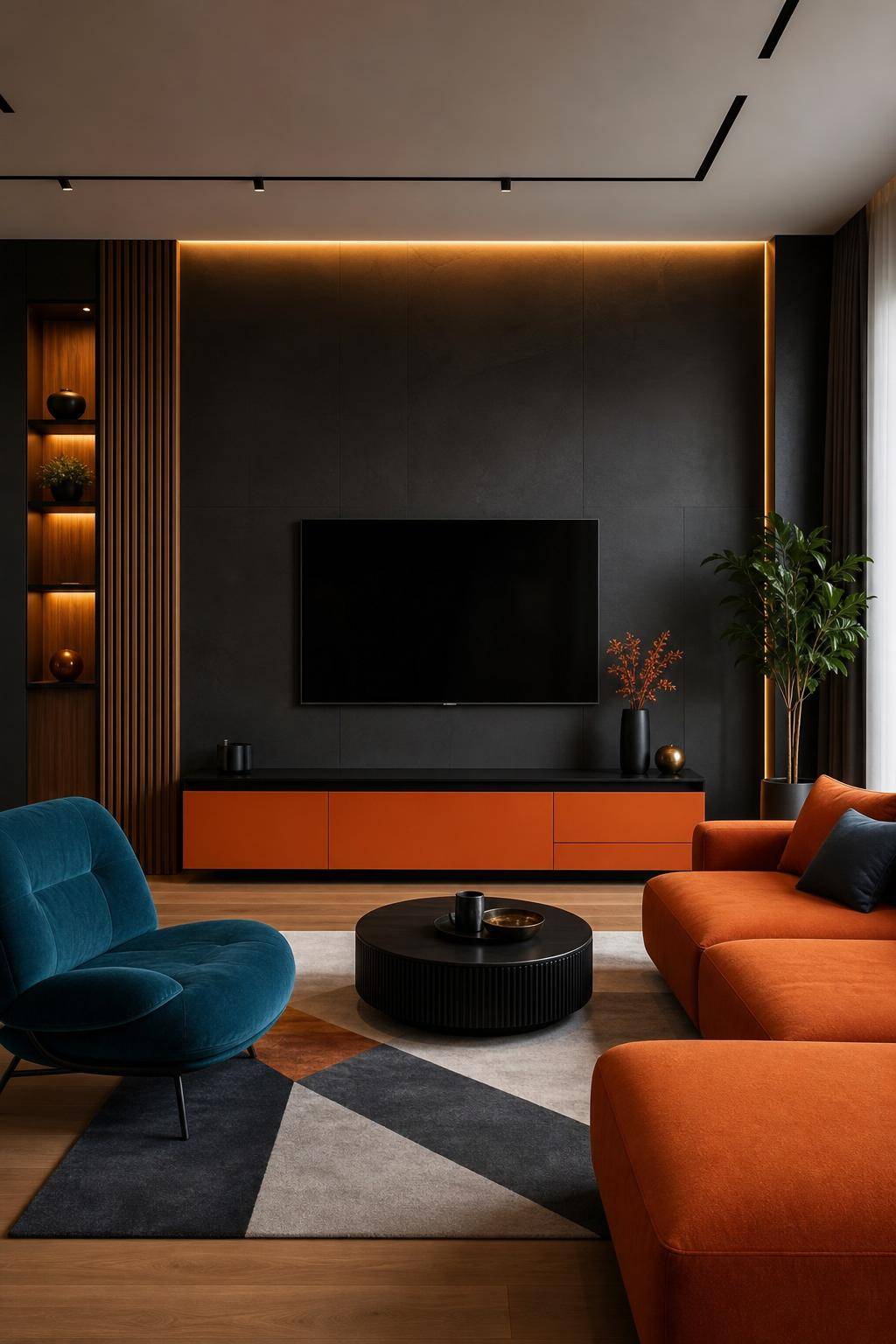 TV-Wand-Ideen für das Wohnzimmer- Wähle Möbel in Kontrastfarben zur TV-Wand
