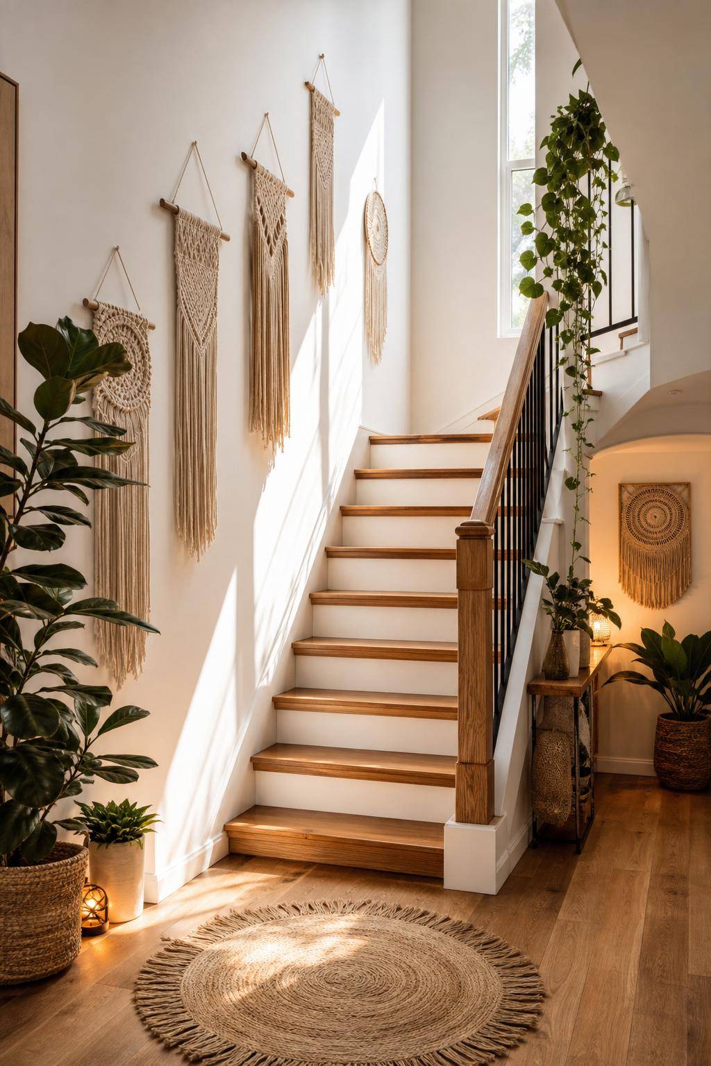 Treppenhaus gestalten- Hänge Makramee-Kunstwerke für Boho-Flair auf