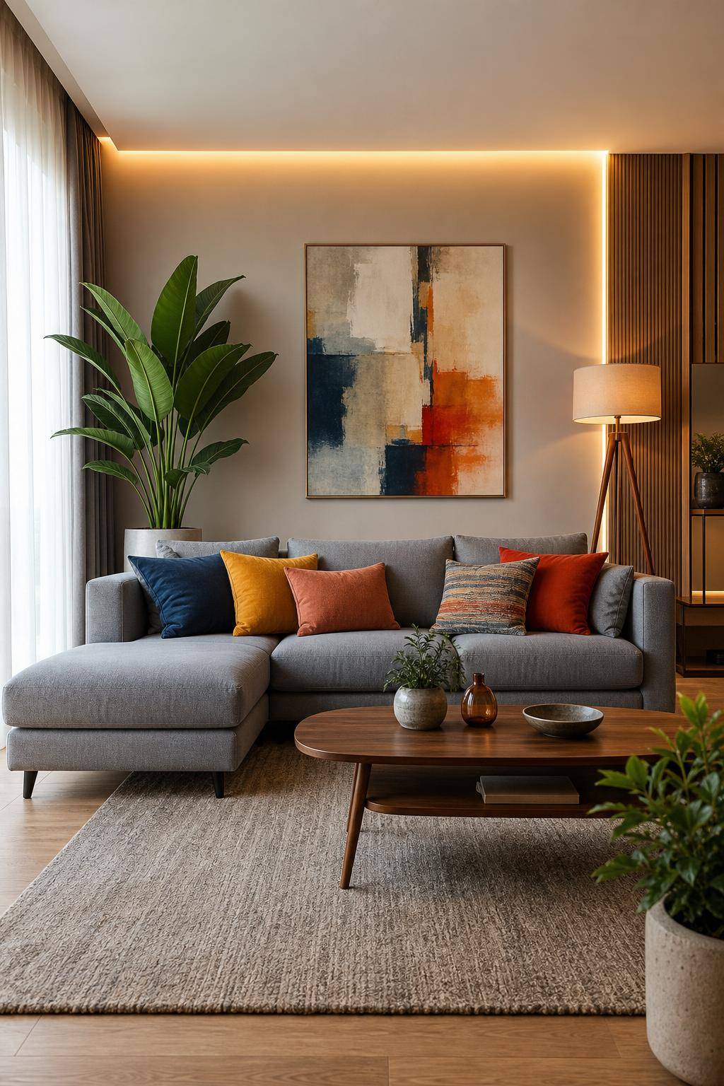 Wohnzimmer-Ideen mit grauem Sofa-Kombiniere das graue Sofa mit bunten Kissen