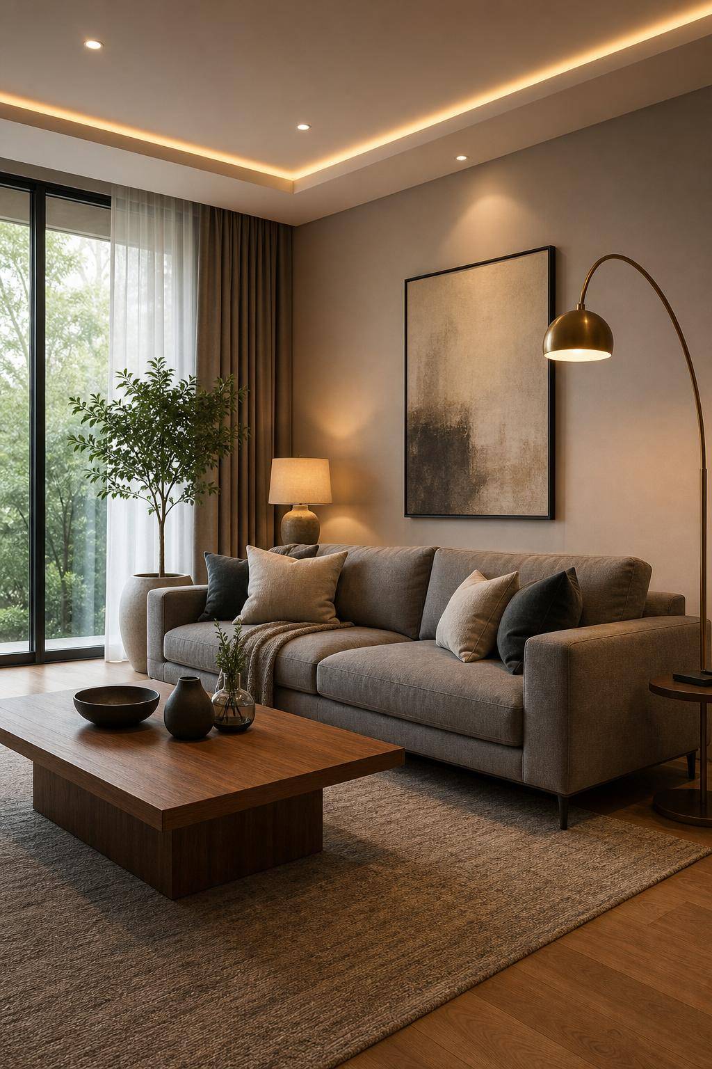 Wohnzimmer-Ideen mit grauem Sofa- Arrangiere verschiedene Lichtquellen für mehr Atmosphäre