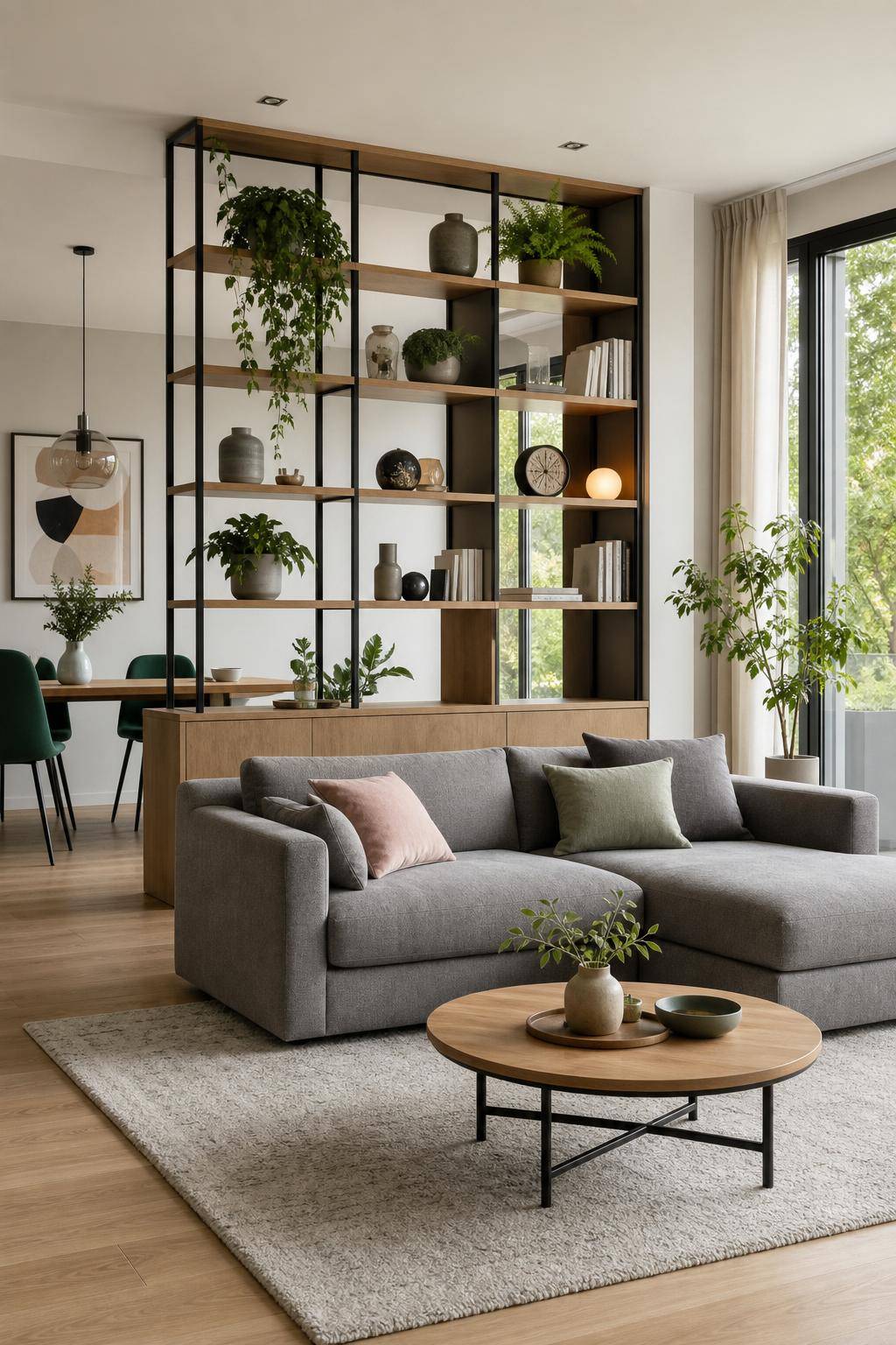 Wohnzimmer-Ideen mit grauem Sofa- Begrenze den Raum mit einem Raumteiler kreativ