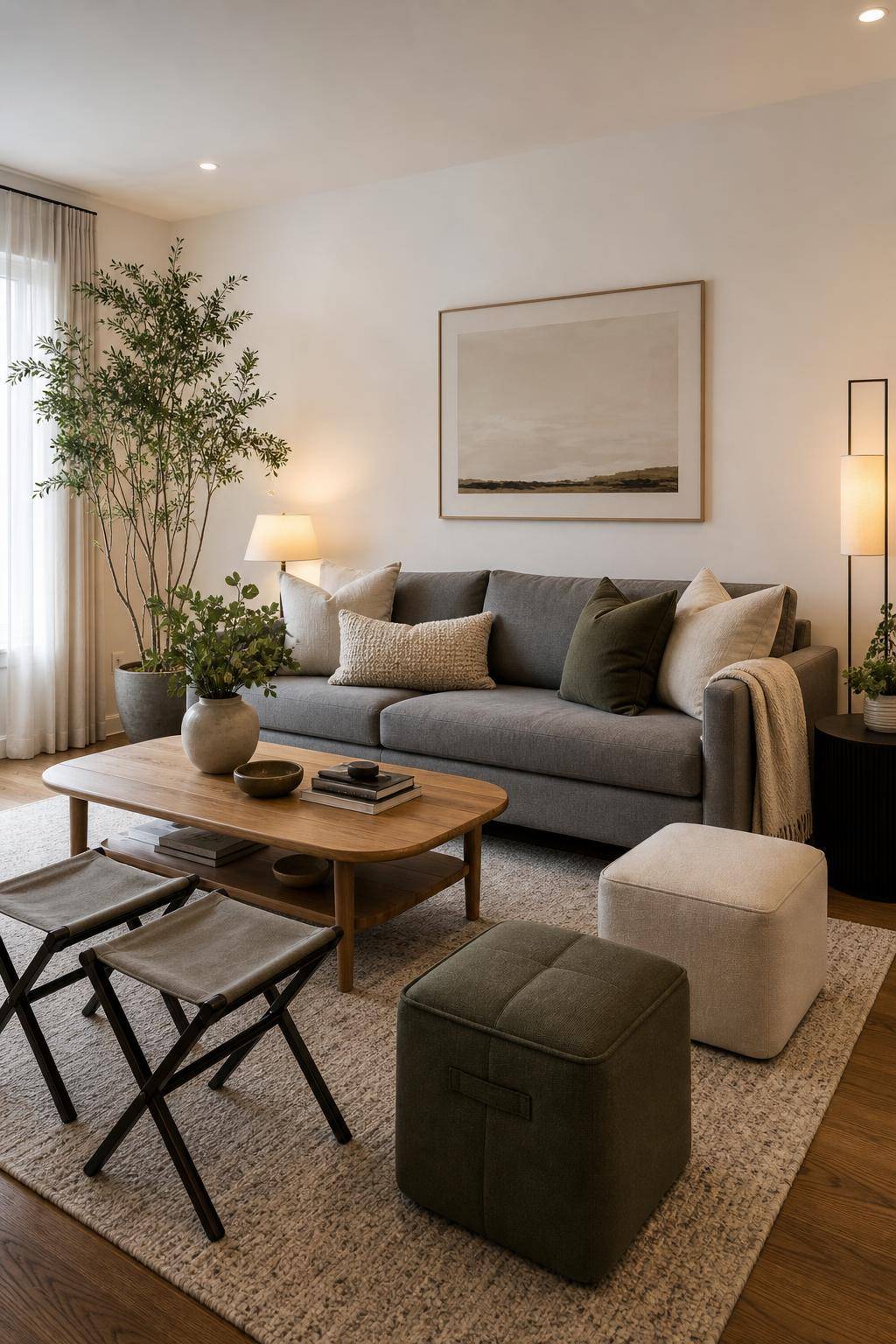 Wohnzimmer-Ideen mit grauem Sofa- Entdecke Klappstühle oder Hocker als flexible Sitzmöglichkeit