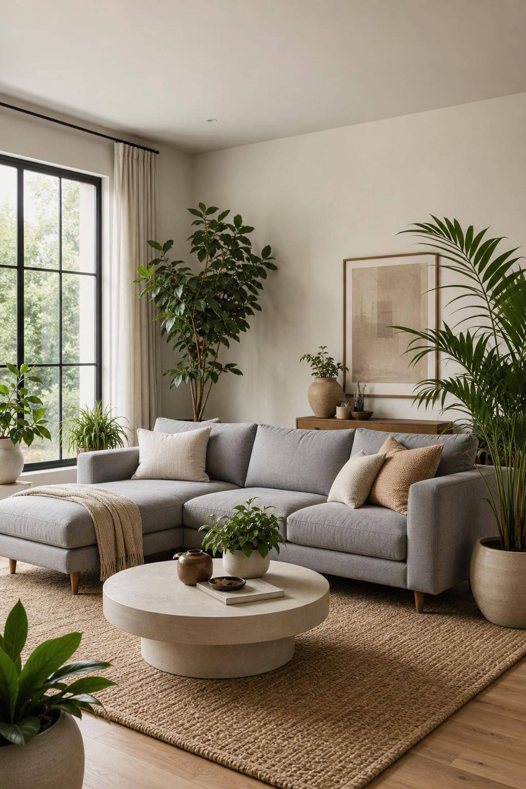 Wohnzimmer-Ideen mit grauem Sofa- Ergänze Pflanzen für mehr Frische im Raum