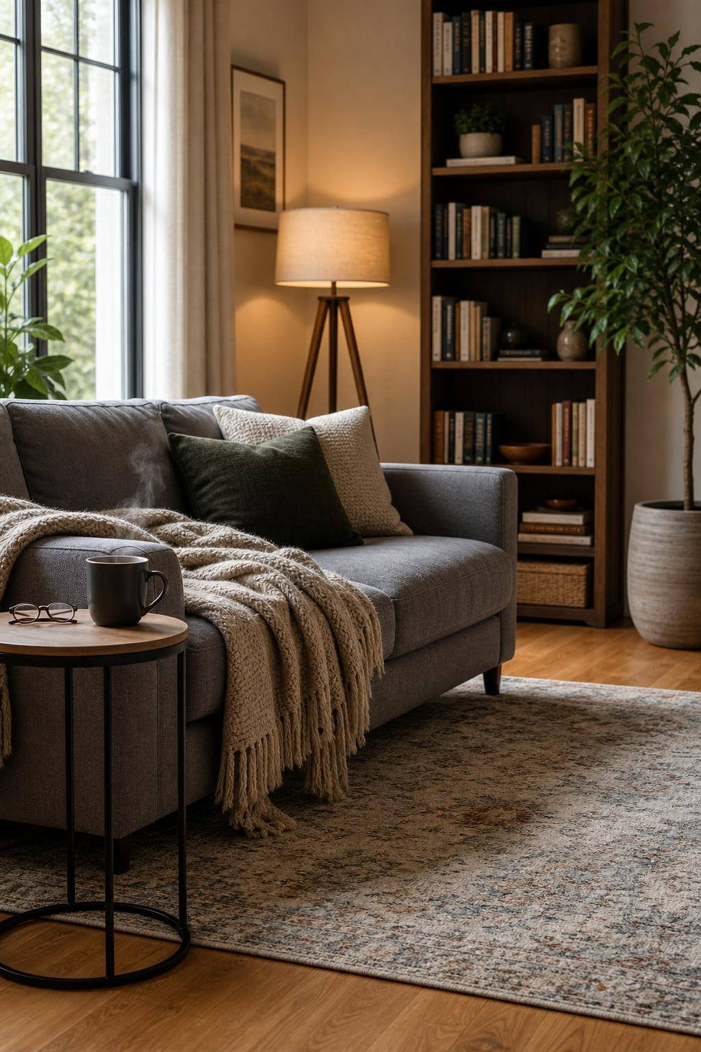 Wohnzimmer-Ideen mit grauem Sofa- Erschaffe eine gemütliche Leseecke daneben