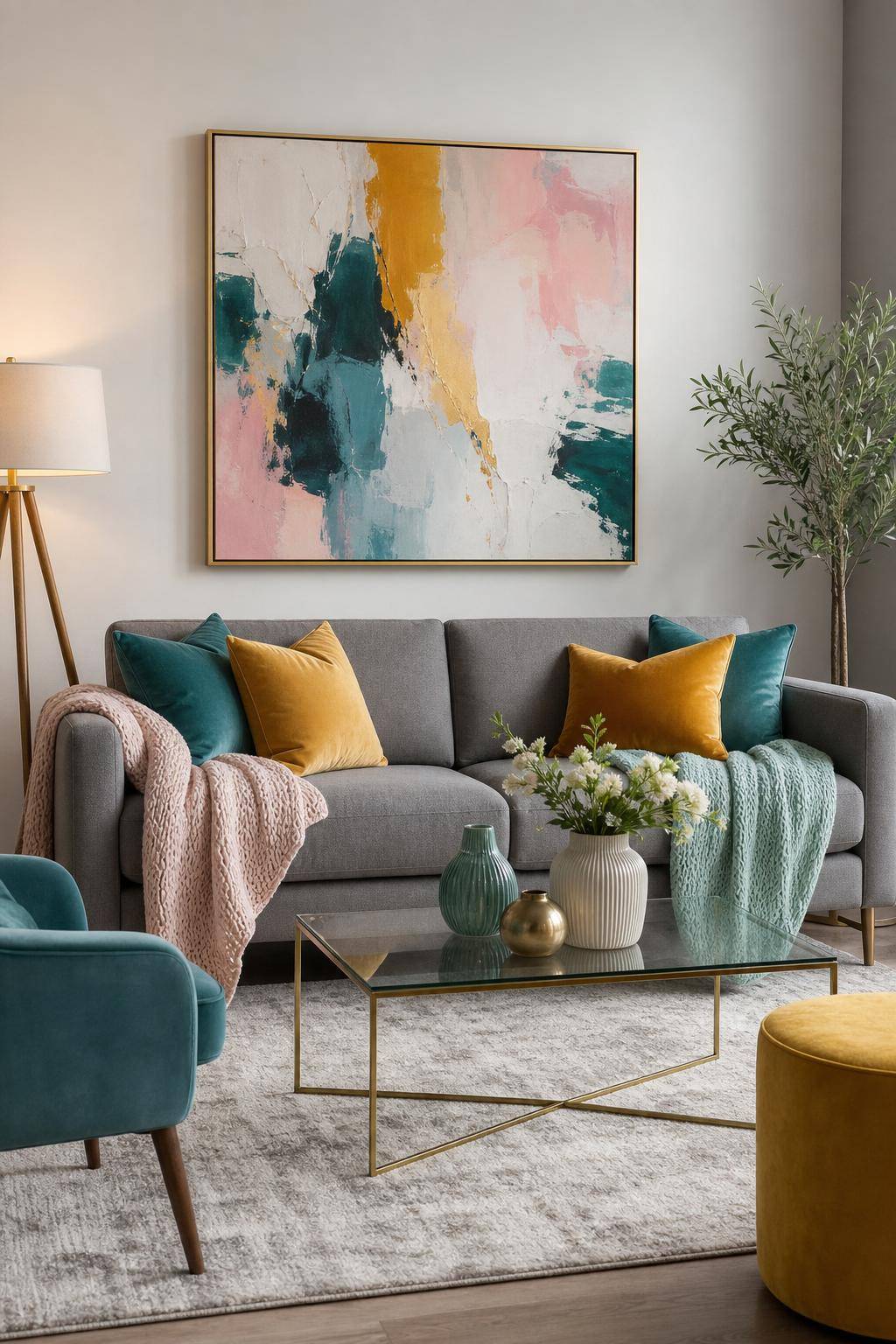 Wohnzimmer-Ideen mit grauem Sofa- Experimentiere mit Farbakzenten bei Accessoires
