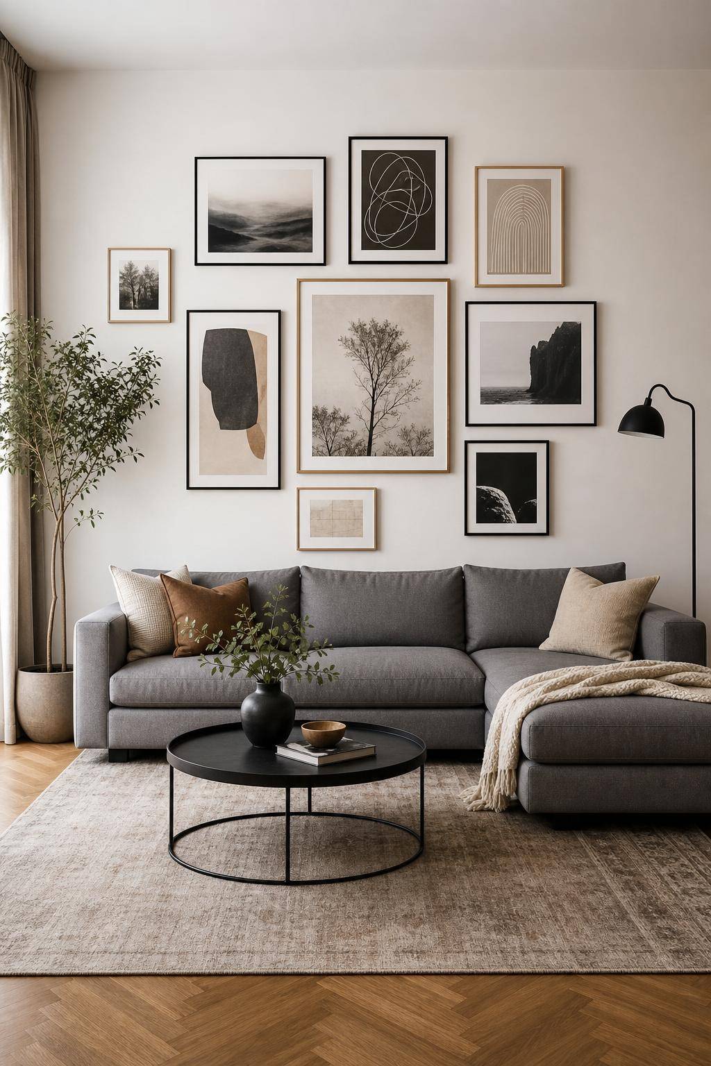 Wohnzimmer-Ideen mit grauem Sofa- Gestalte eine Bilderwand hinter dem Sofa