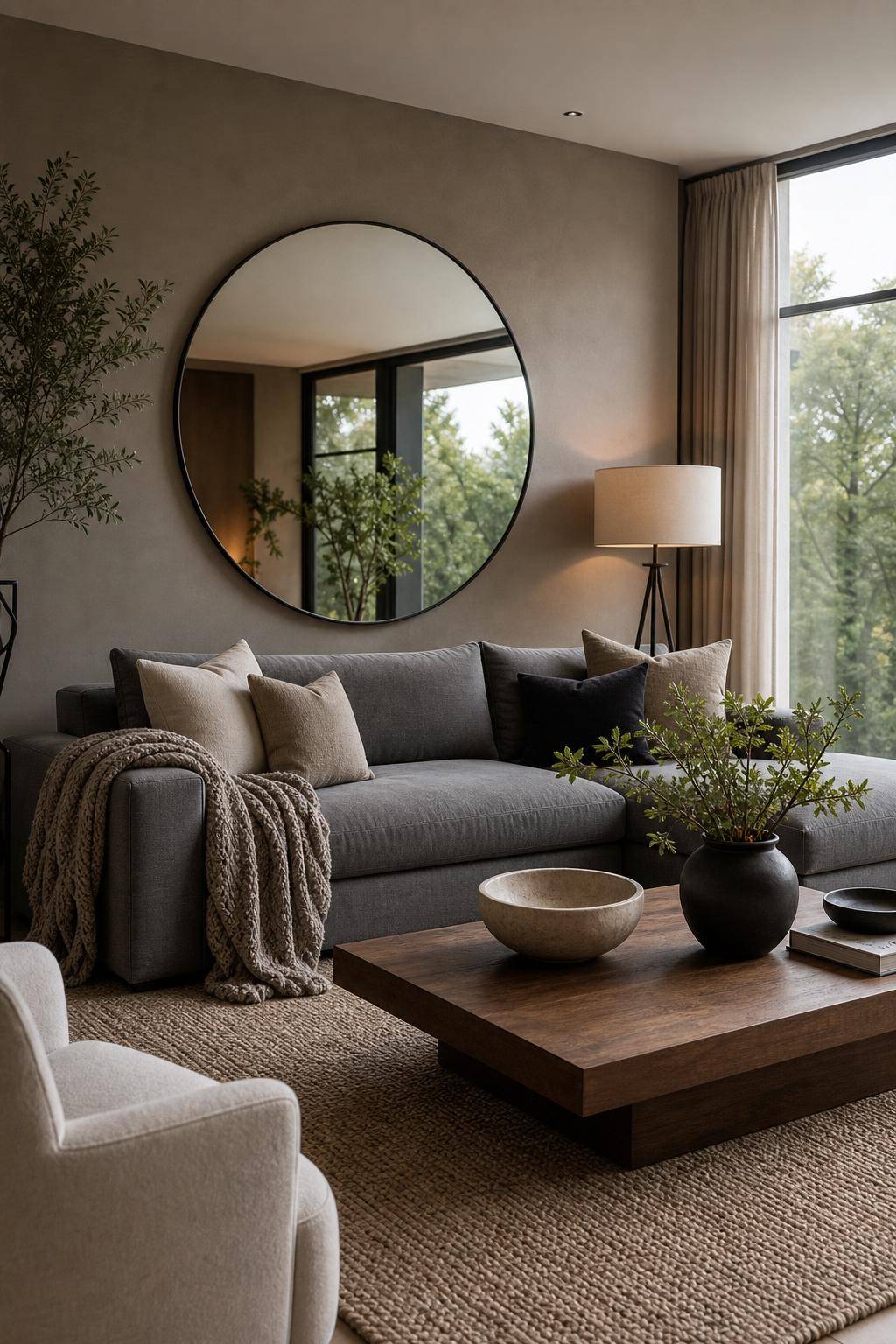 Wohnzimmer-Ideen mit grauem Sofa- Hänge einen großen Spiegel zur Raumvergrößerung auf
