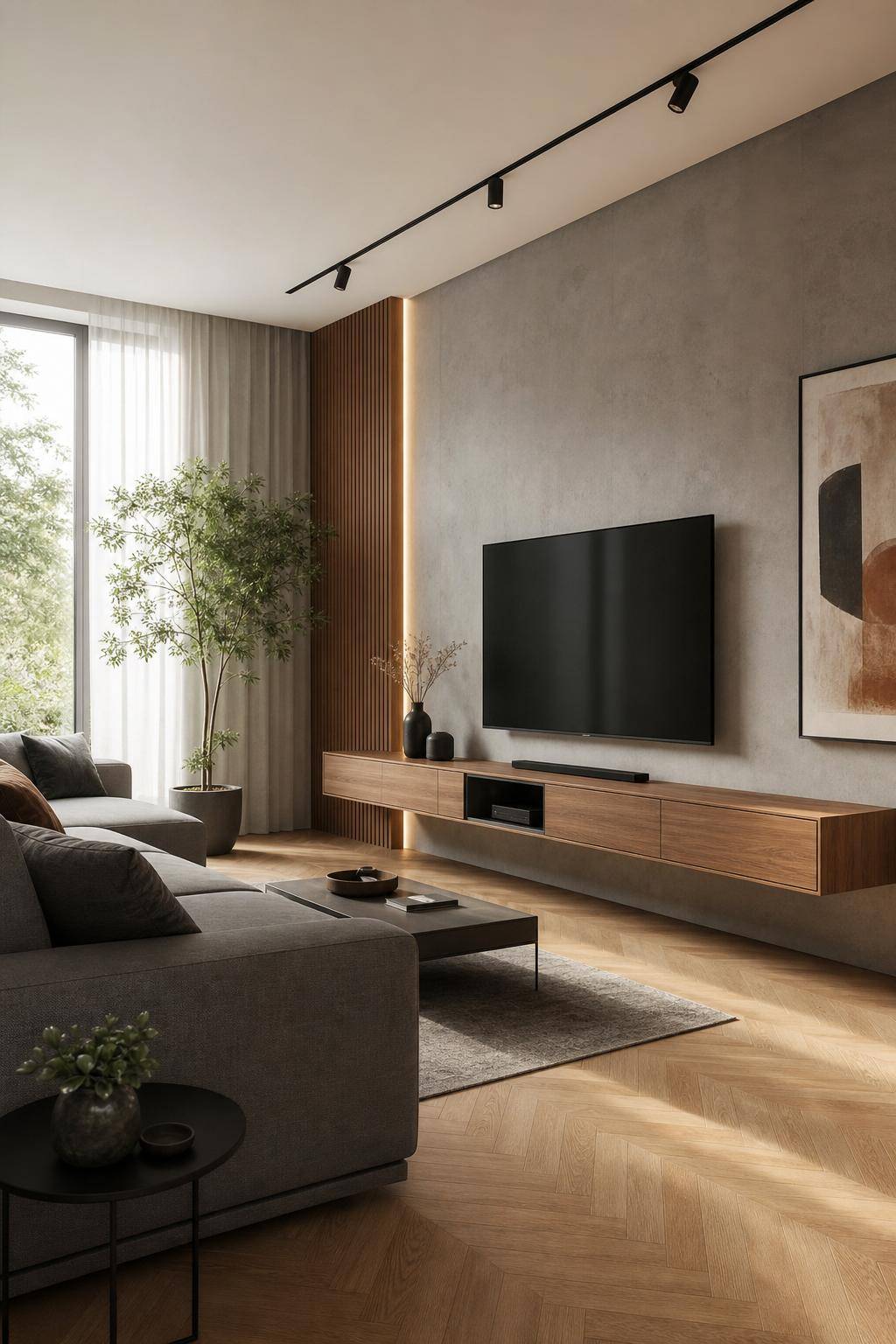 Wohnzimmer-Ideen mit grauem Sofa- Installiere eine schwebende TV-Konsole