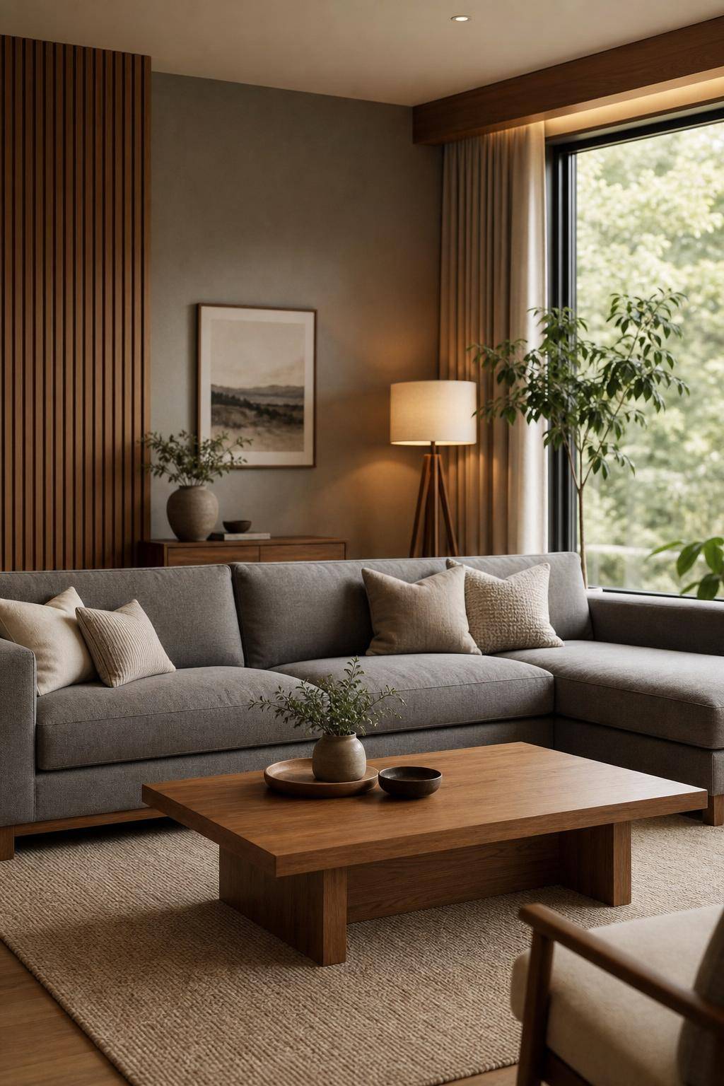 Wohnzimmer-Ideen mit grauem Sofa- Integriere Holzdetails für eine warme Note
