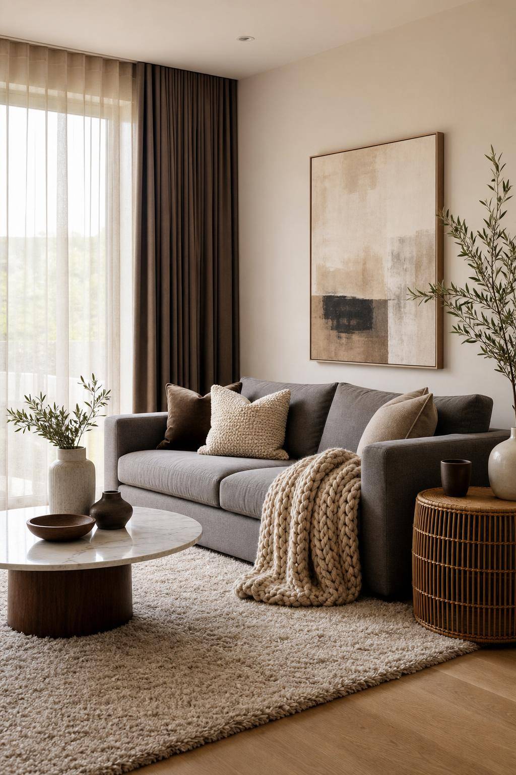 Wohnzimmer-Ideen mit grauem Sofa- Kombiniere unterschiedliche Texturen für mehr Tiefe