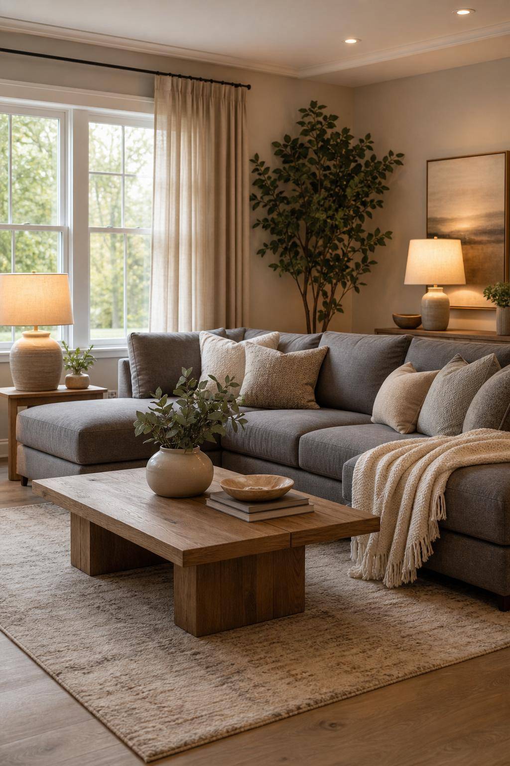 Wohnzimmer-Ideen mit grauem Sofa- Nutze sanfte Decken für mehr Gemütlichkeit