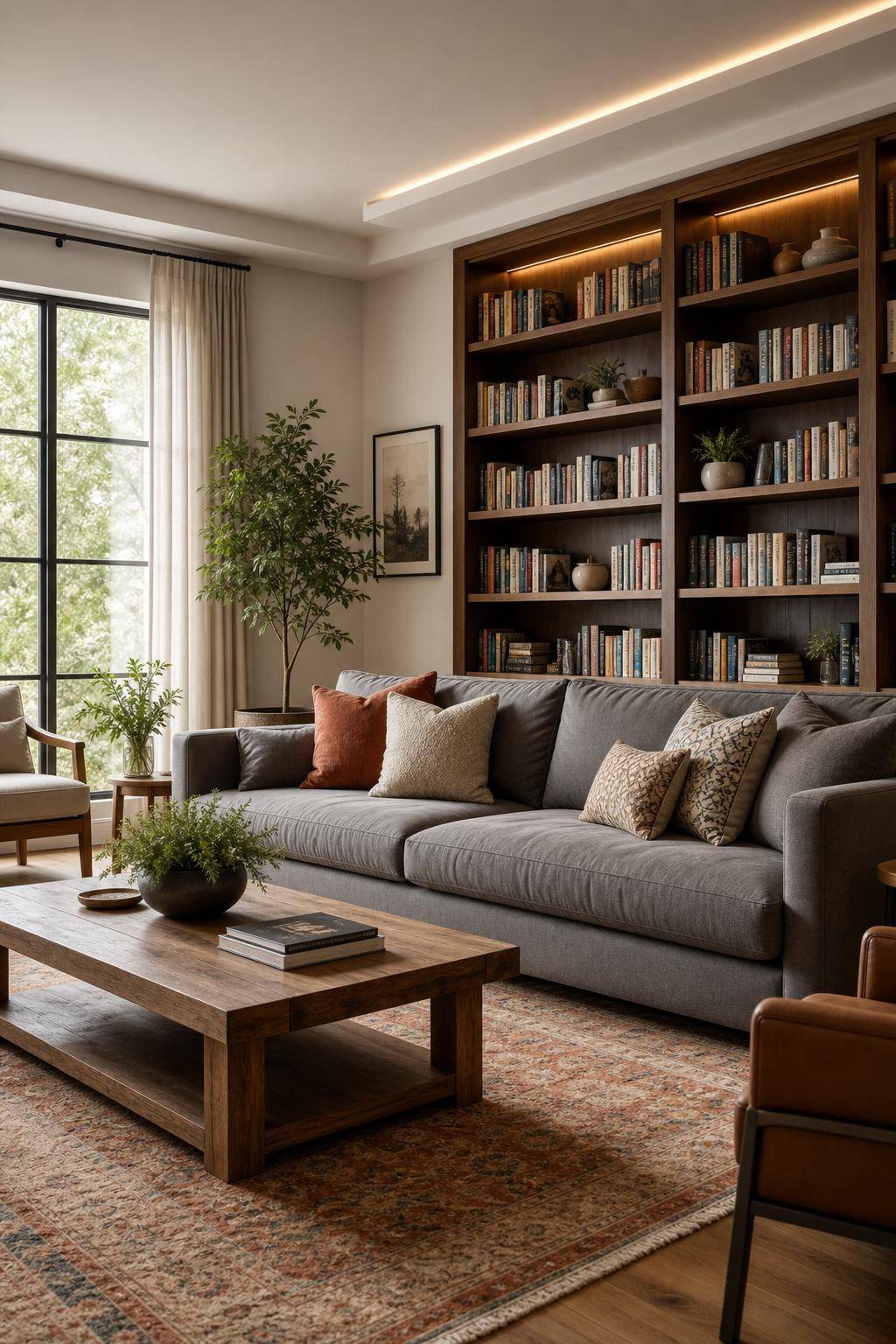 Wohnzimmer-Ideen mit grauem Sofa- Präsentiere deine Lieblingsbücher auf einem Regal