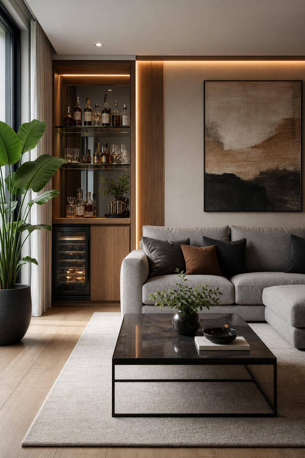 Wohnzimmer-Ideen mit grauem Sofa- Richte eine kleine Minibar stilvoll daneben ein