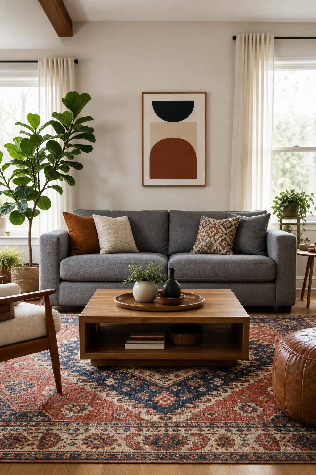 Wohnzimmer-Ideen mit grauem Sofa- Setze einen auffälligen Teppich als Kontrast ein