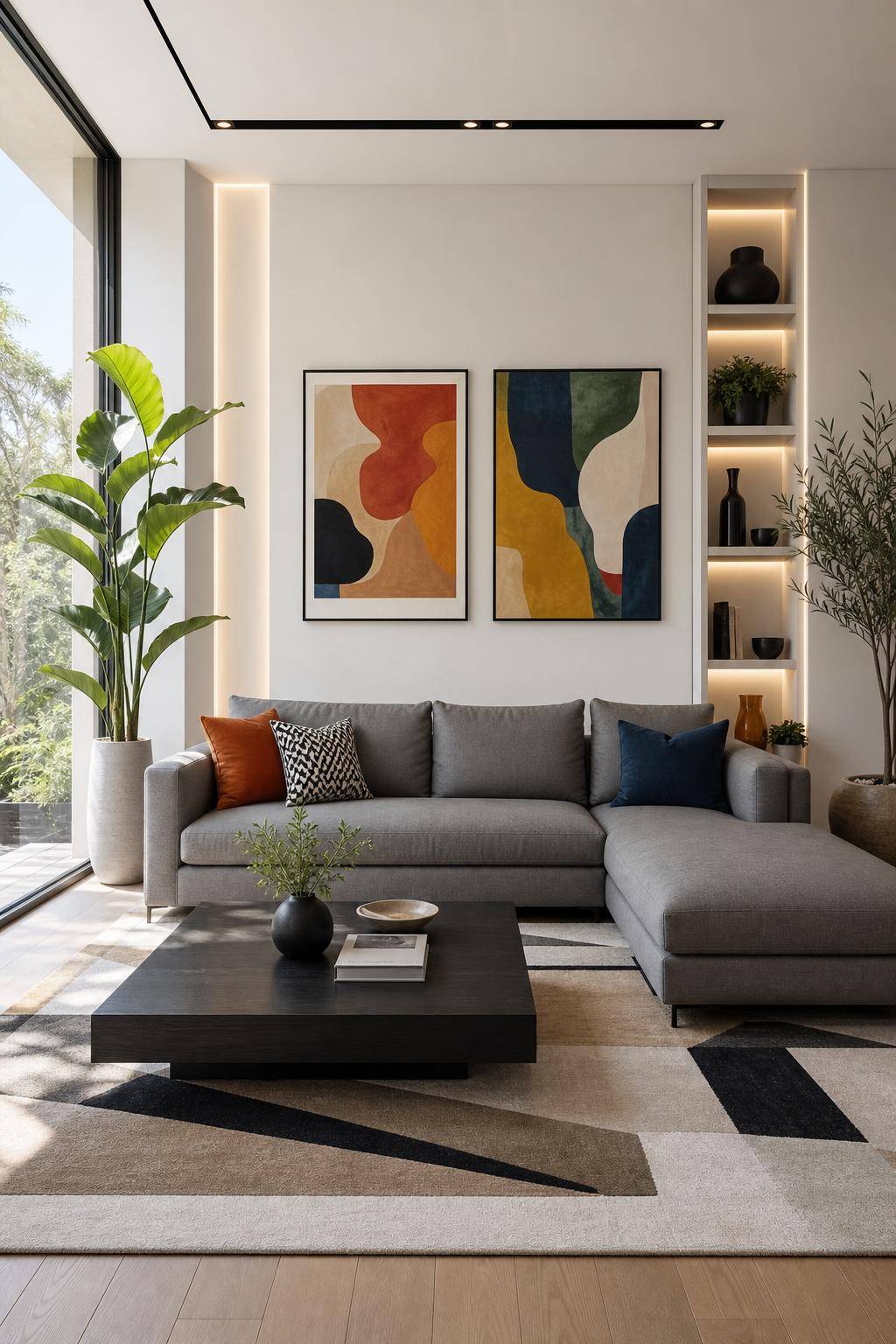 Wohnzimmer-Ideen mit grauem Sofa- Verleihe durch Kunstwerke an der Wand Persönlichkeit