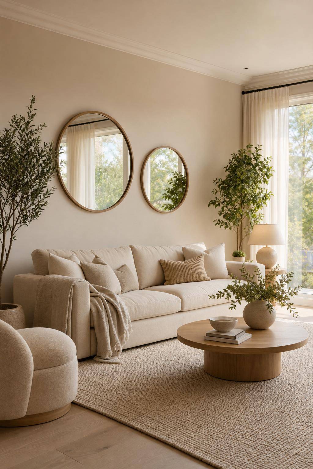 Wohnzimmer in Beige- Arbeite mit runden Spiegeln für mehr Weite