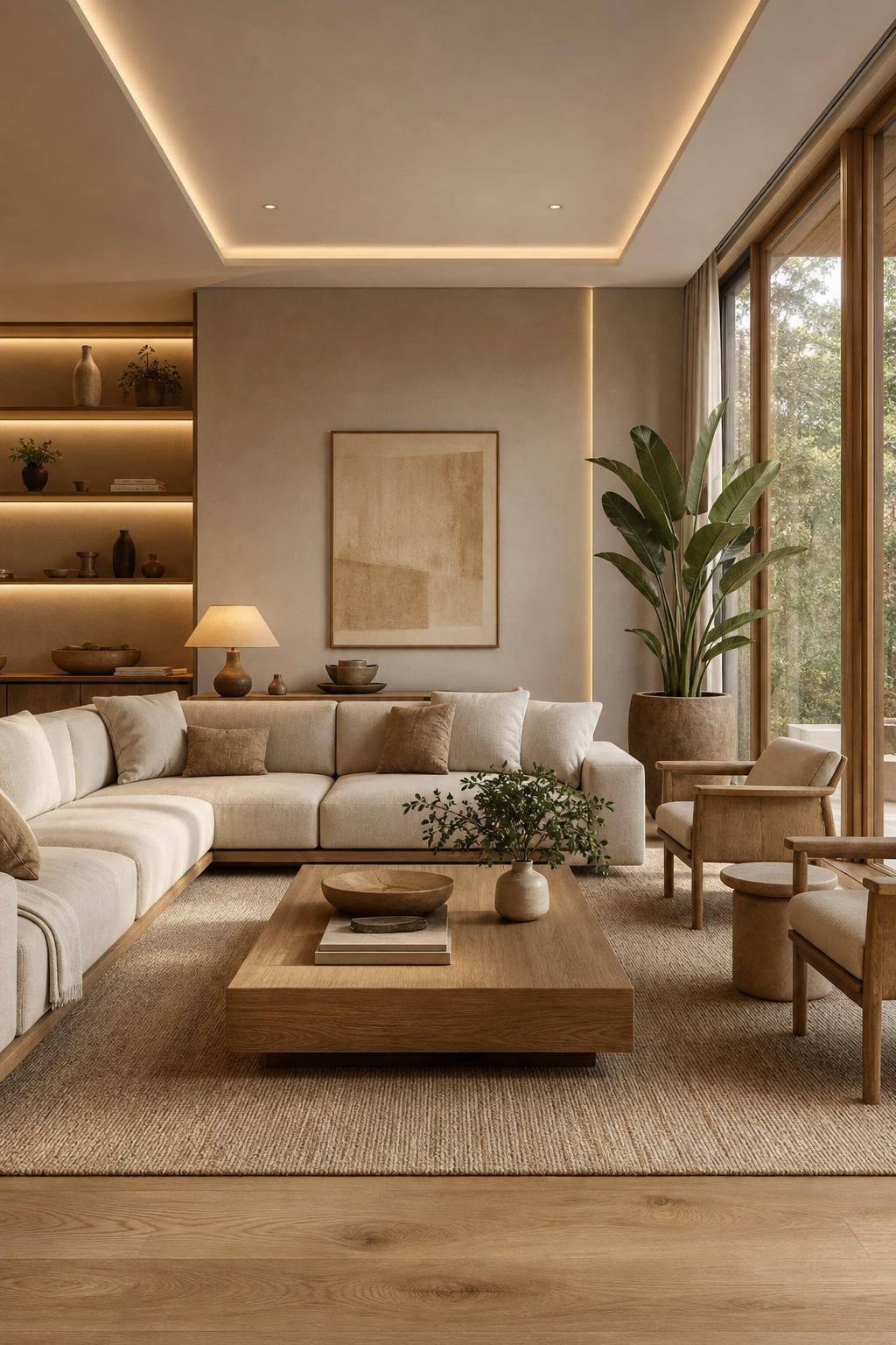 Wohnzimmer in Beige- Arrangiere Holzmöbel für mehr Natürlichkeit