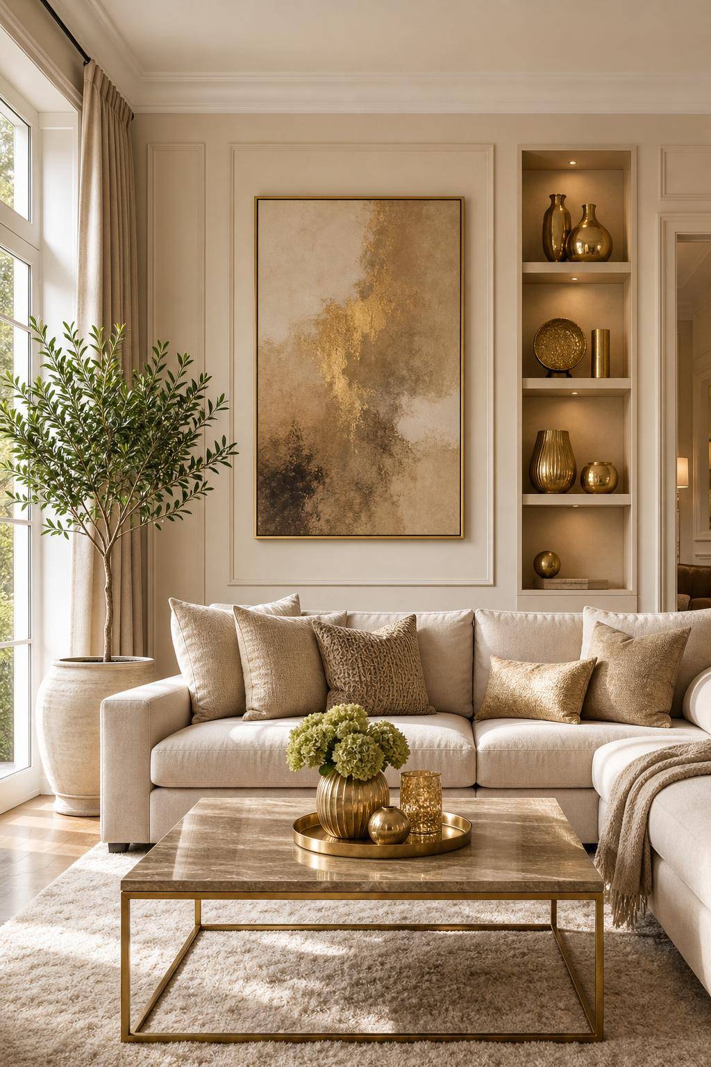 Wohnzimmer in Beige- Ergänze goldene Accessoires für warme Akzente