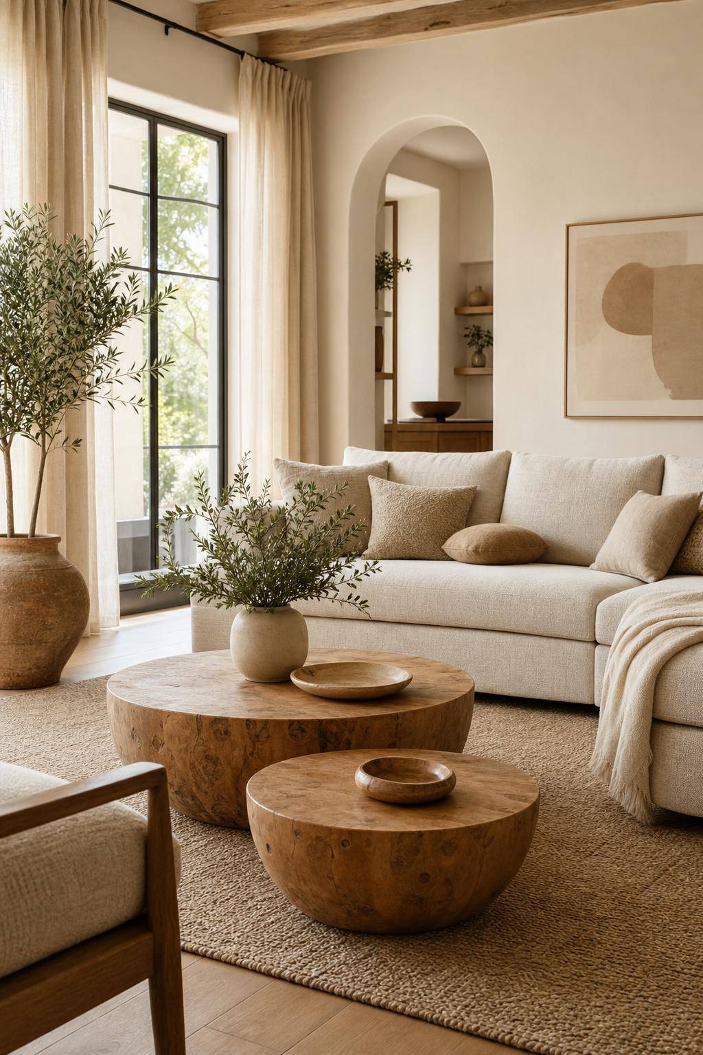 Wohnzimmer in Beige- Ergänze runde Couchtische aus Naturholz