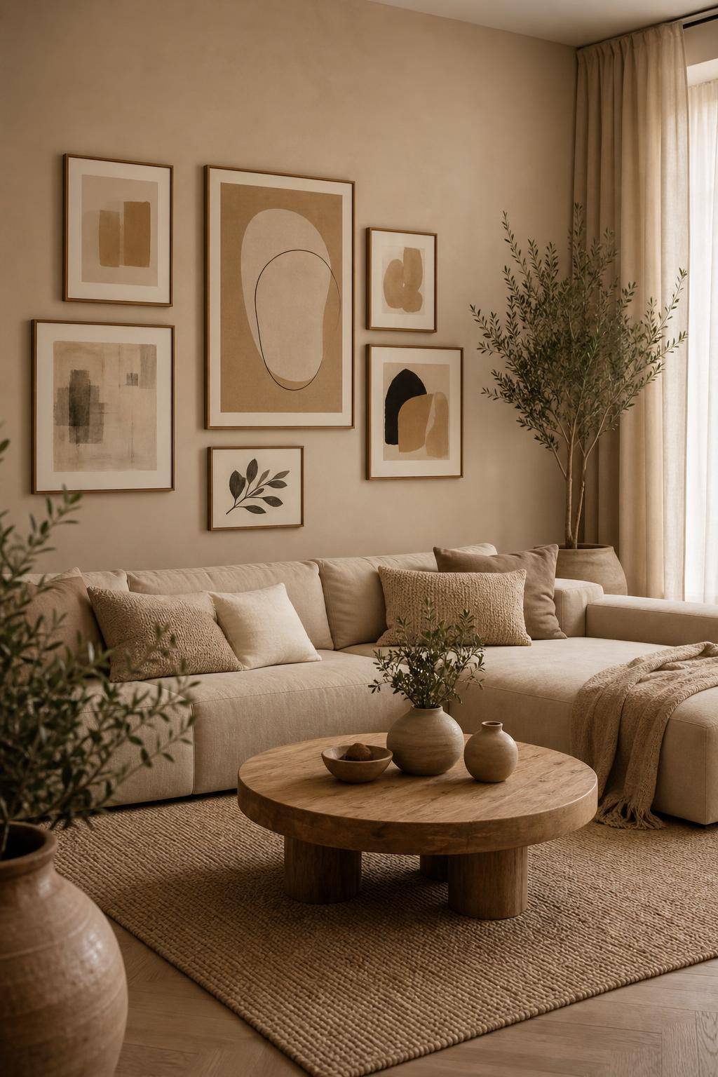 Wohnzimmer in Beige- Gestalte eine Bildergalerie in Beigetönen