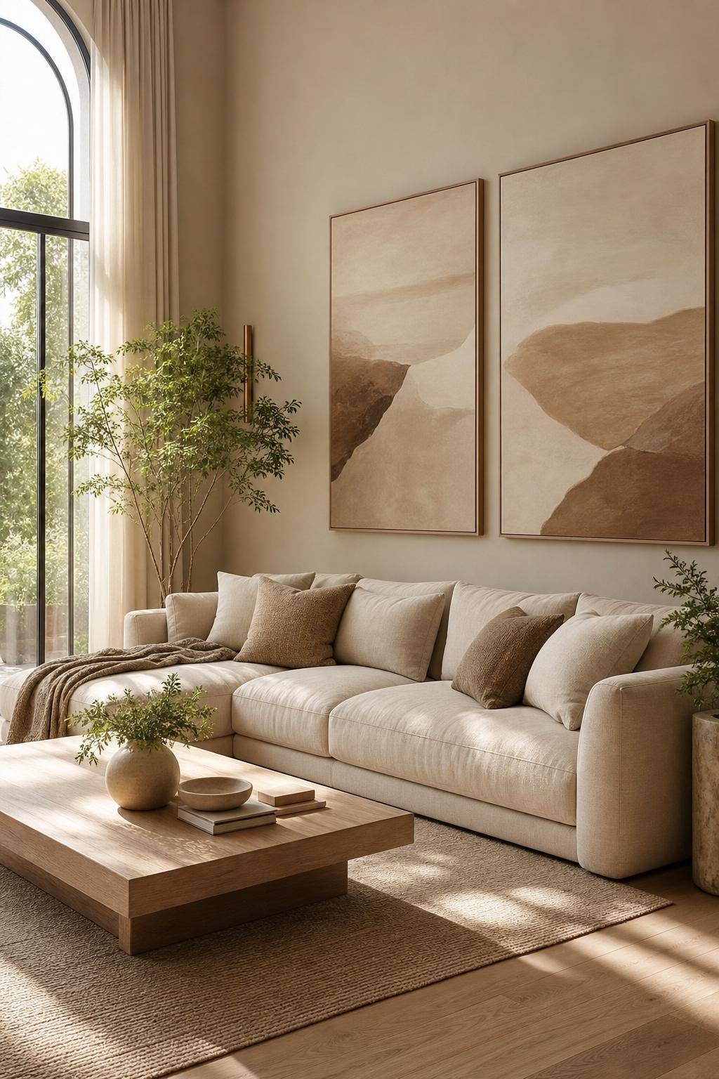 Wohnzimmer in Beige- Hänge große Kunstwerke in Naturfarben auf