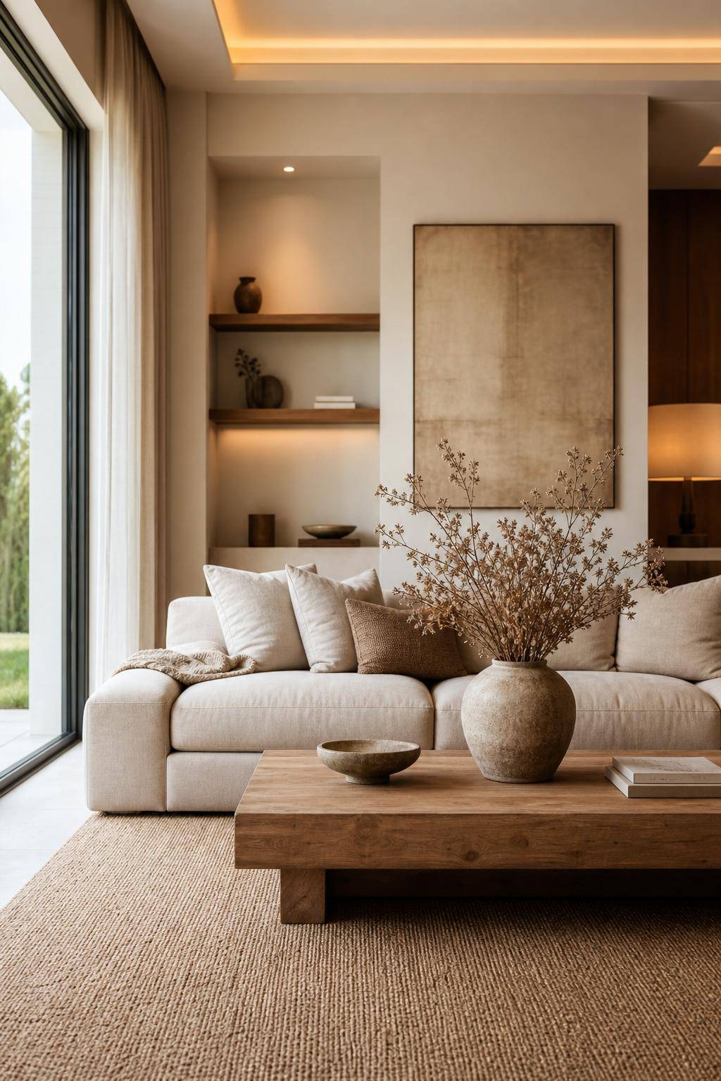 Wohnzimmer in Beige- Integriere Trockenblumen als stilvolles Highlight