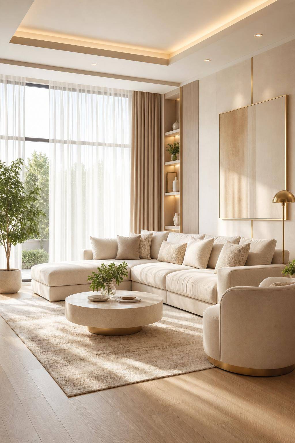Wohnzimmer in Beige- Lass Tageslicht durch helle Gardinen strömen