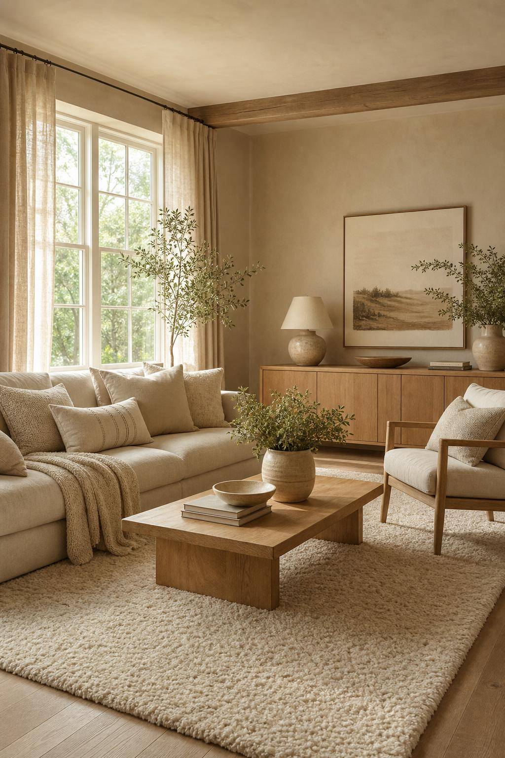 Wohnzimmer in Beige- Lege einen kuscheligen Wollteppich in Beige aus