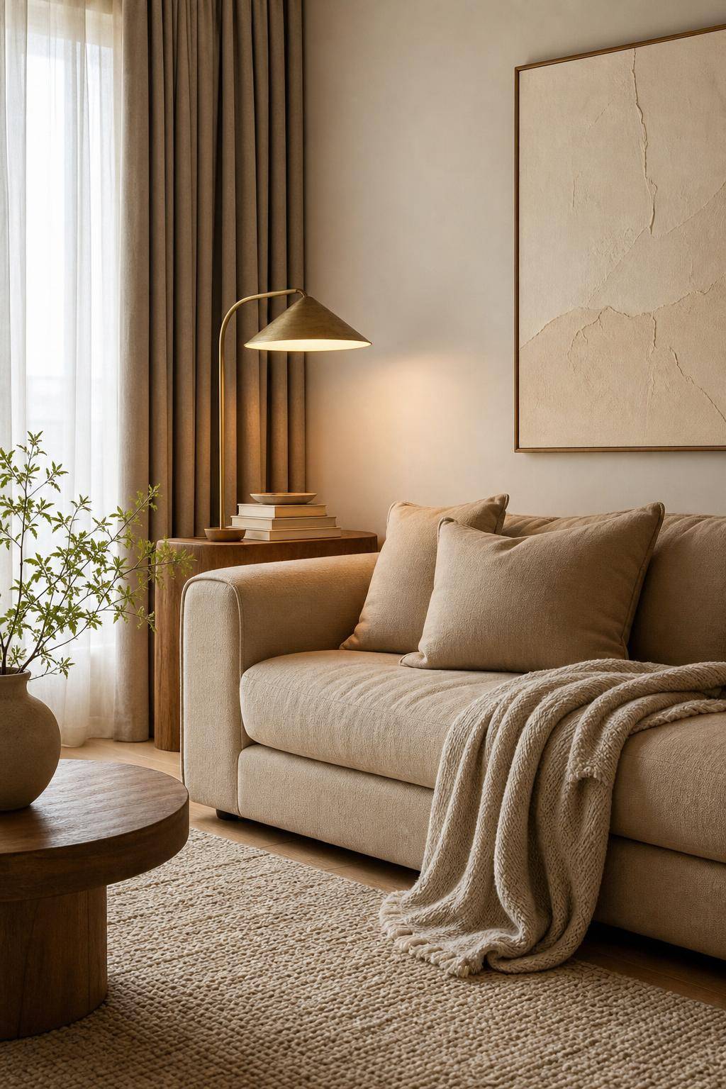 Wohnzimmer in Beige- Platziere eine gemütliche Leselampe im Eckbereich