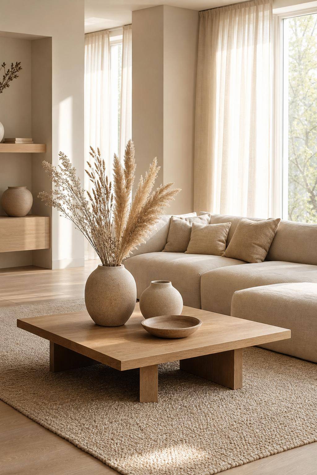 Wohnzimmer in Beige- Platziere sandfarbene Vasen mit Gräsern