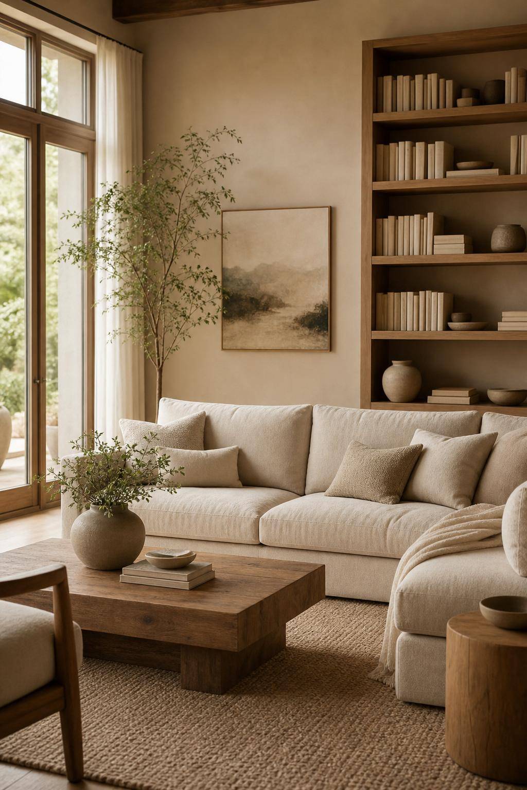 Wohnzimmer in Beige- Präsentiere Bücher in beige Einbänden offen sichtbar